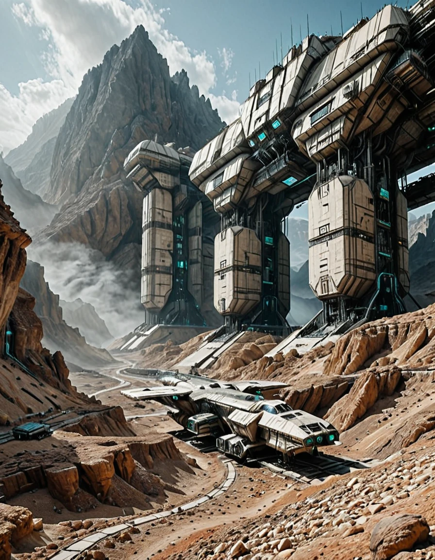 <lora:SWL_Stations1v3ill:1> photo, lostst1, huge station, impressive scientific complex, cyberpunk, science fiction, lights, rocky desert, mist, b5, in mountains, between mountains