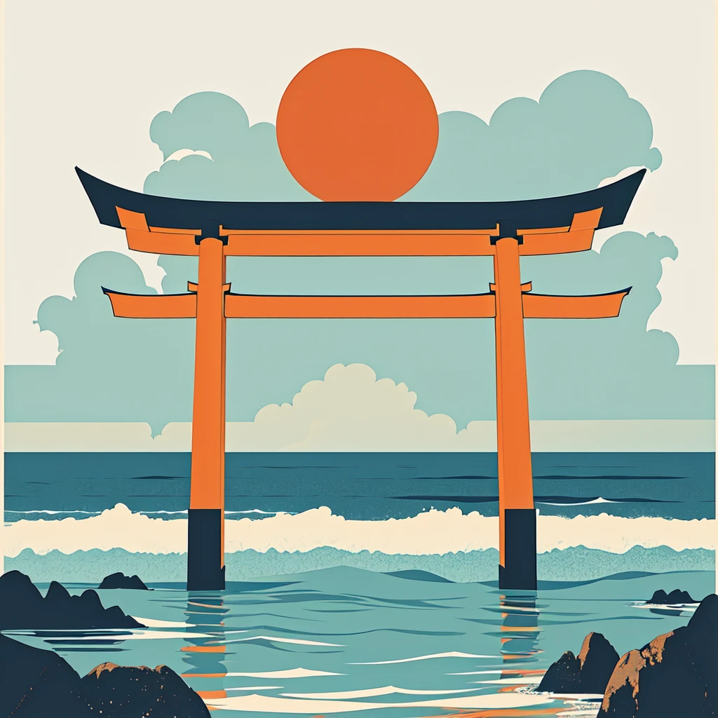 <lora:Modern_Ukiyo-e_illustration:1> Modern Ukiyo-e illustration, The image shows a Japanese torii gate in the ocean surrounded by rocks and a sky with clouds in the background., torii, cloud, sky, no humans, outdoors, ocean, waves, water, scenery, day