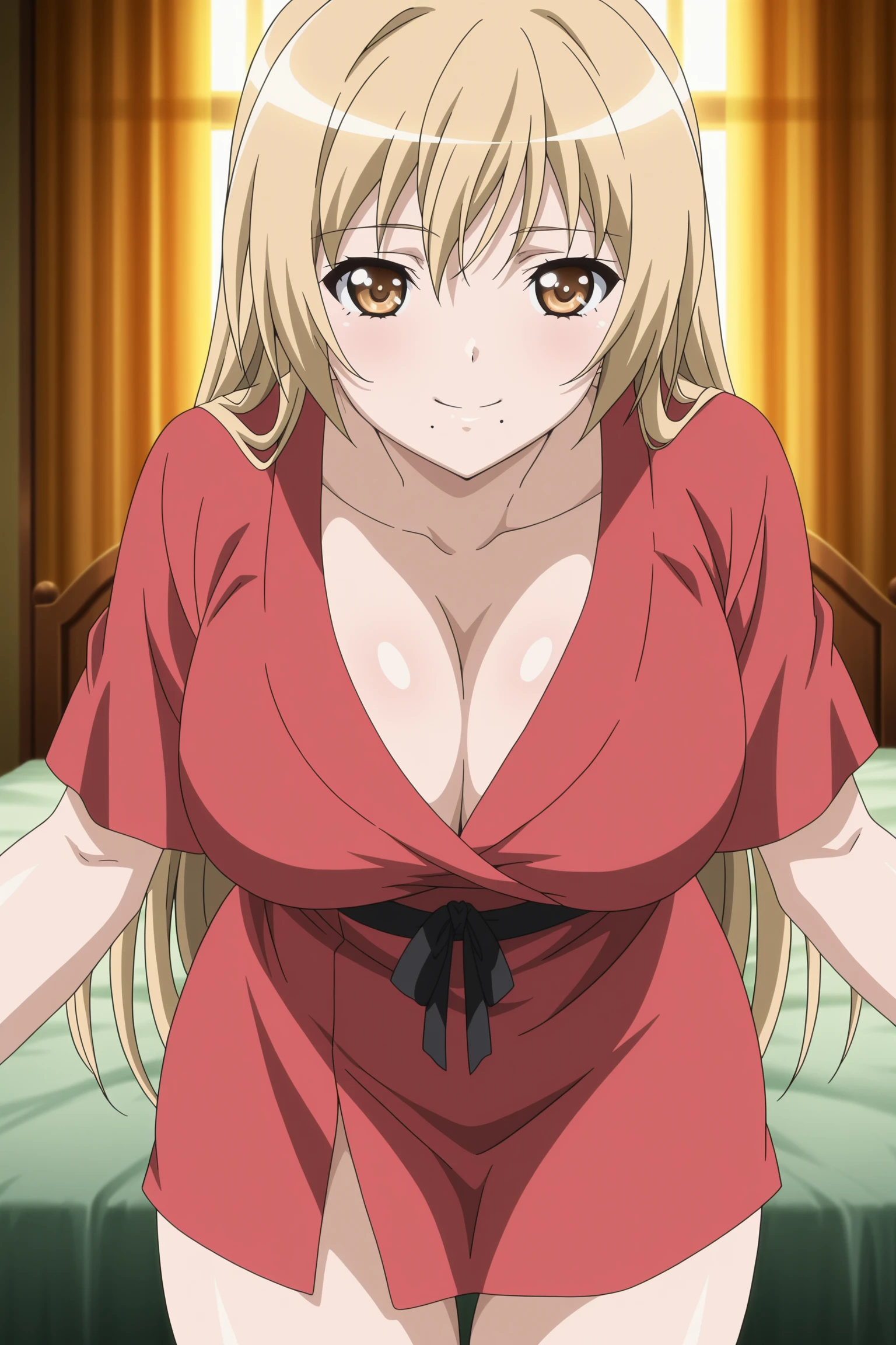 anime screencap, anime coloring, detailed face, masterpiece, best quality, very aesthetic, absurdres, volumetric lighting, official style, amazing quality, ultra detailed, highres, amazing quality, scenery, beautiful detailed hair, beautiful detailed eyes,
<lora:Rin_x_Sen_+_Ran-Sem:1>
in a bedroom,
Riko red robe (outfit), Riko Ichinose (character), 1girl, solo, cleavage, long hair, blonde hair, large breasts, brown eyes, mole under mouth, looking at the viewer, smile, bare legs, cowboy shot,