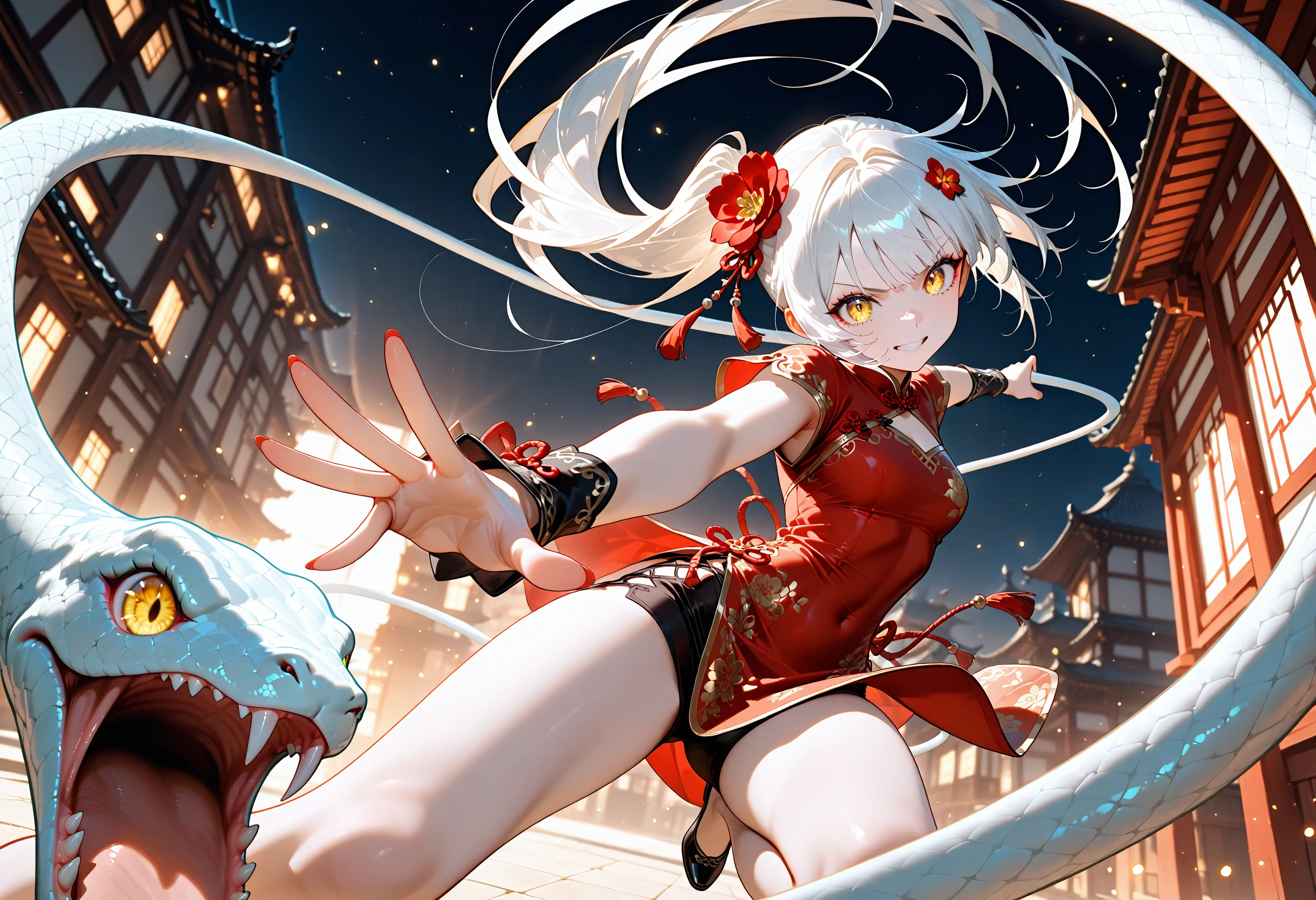 masterpiece,best quality,amazing quality,very aesthetic,absurdres,newest,,light particles, cinematic lighting,Visual impact,sharp focus, extreme aesthetic, BREAK 1woman,solo,looking at viewer,bangs,side_ponytail,white hair,golden eyes,hair ornament,dress,jewelry,flower,hair flower,chinese clothes,red dress,red flower,snake,The snake,snake entwined girl, <lora:DynamicPoseIL2att_alpha1.0_rank4_noxattn_900steps:3.6>,