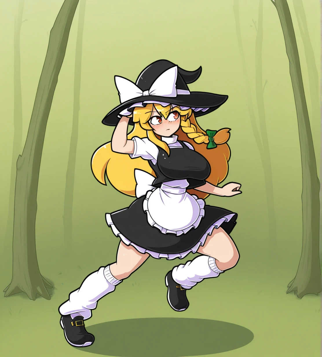 <lora:Snowman_Tofu:1.4>,
1girl, kirisame marisa, wild hips, huge breasts, touhou, unfinished dream of all living ghost, apron, black footwear, black headwear, black skirt, black vest, blonde hair, blush, braid, full body, hat, leg warmers, long hair, red eyes, shirt, shoes, short sleeves, single braid, skirt, solo, vest, waist apron, white apron, white shirt, witch hat,
dynamic pose,vintricate details,scenery,