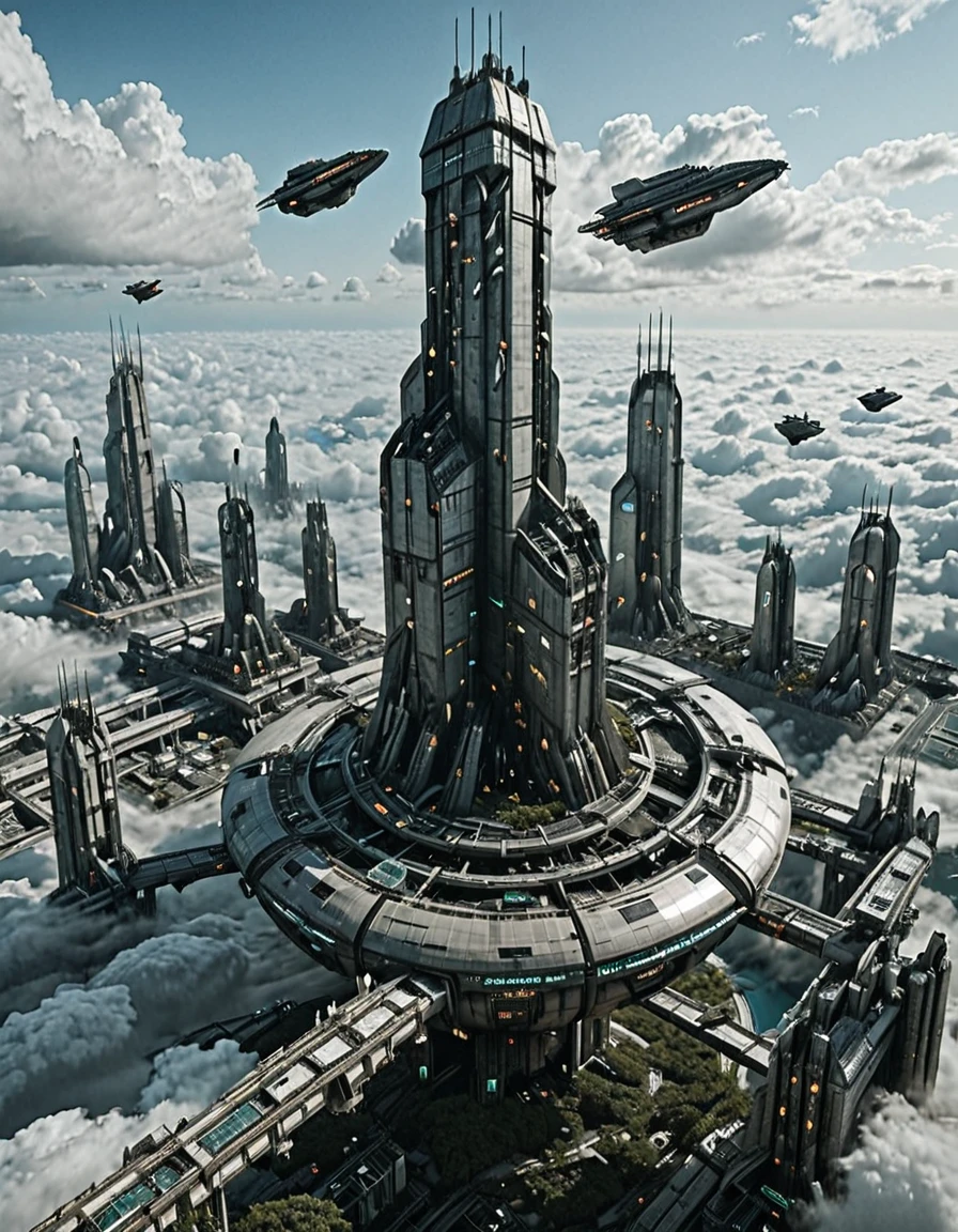 <lora:SWL_Stations1v3ill:1> photo, lostst1, huge station, impressive scientific complex, impressive scientific tower, enormous, cyberpunk, science fiction, lights, aerial view, cyberpunk city, cityscape, clouds, spaceships, huge planet half hidden by clouds in the far background, vegetation, b2, in the clouds
