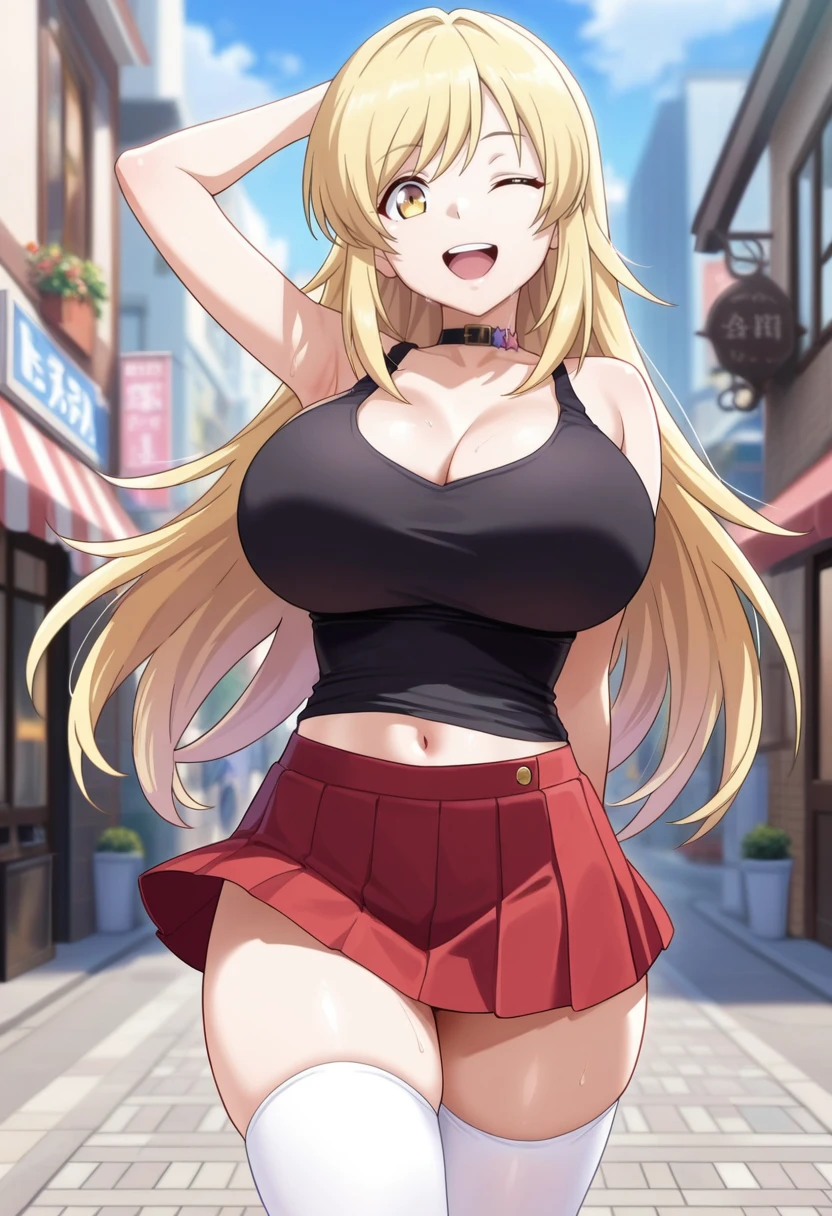 1woman,Walk in the city,Midday,half body photo,Laughing, eyes closed,rainy, black t-shirt,black mini skirt,tennis skirt,Very big breasts,Blonde hair,long hair,ponytail,bangs,ultra detail,ultra Hd, masterpiece,4k