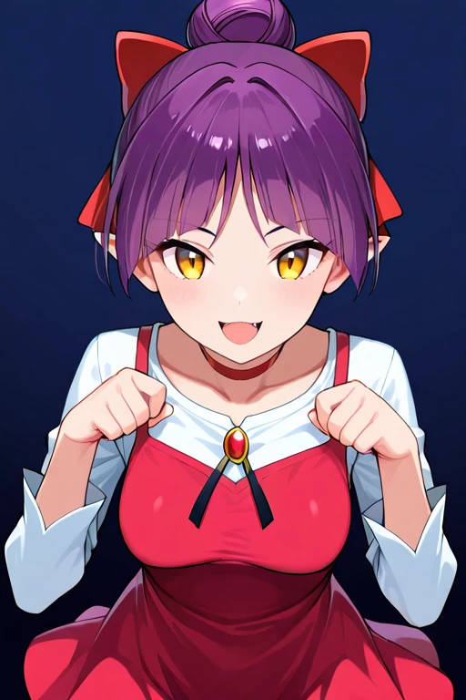 masterpiece, High quality, Ultra detailed, 2d, newest, absurdres, highres, BREAK
1girl, solo, <lora:nekomusume:0.8>, nekomusume, short hair, purple hair, single hair bun, hair bow, red bow, yellow eyes, pointy ears, red choker,
medium breasts, nekonedef, collarbone, long sleeves, white shirt, brooch, short dress, pinafore dress, red dress,
looking at viewer, smile, open mouth, hands up,