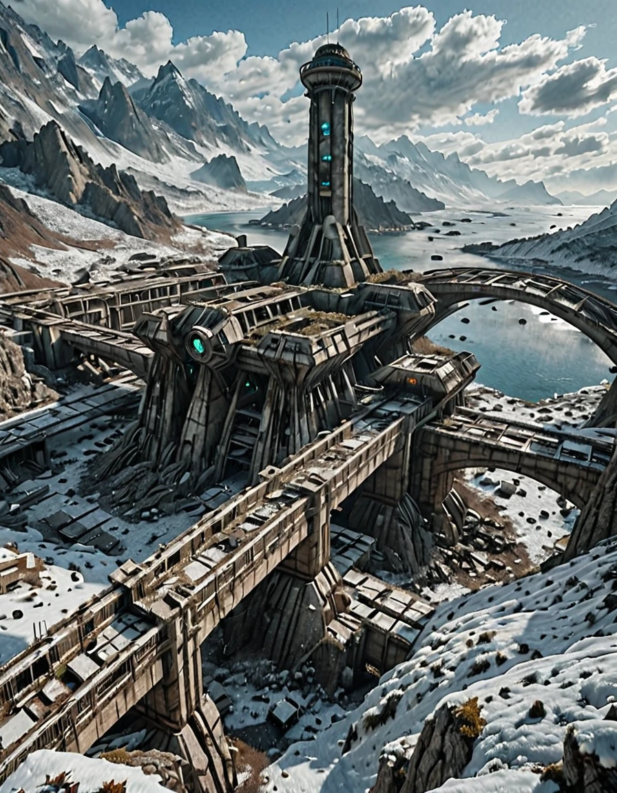 <lora:SWL_Stations1v3ill:1> lostst1, big station, impressive scientific complex, impressive scientific tower, abandoned, ruins, broken, cyberpunk, science fiction, clouds, winter, snow, stone structure, mountains, aerial view, bridge, sea, b6