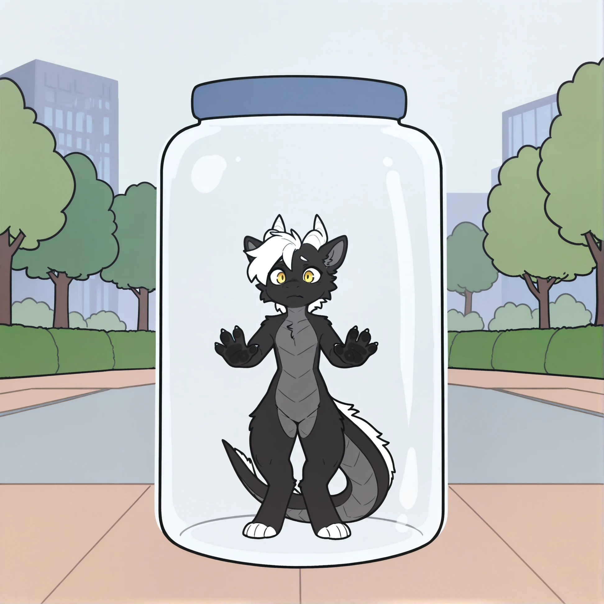 (2024, very aesthetic, newest, best quality, masterpiece), mikus-concept, small, glass jar, touching glass, trapped in jar, furry, furry male, male, man, dragon, black fur, white hair, white horns, yellow eyes, park, park background