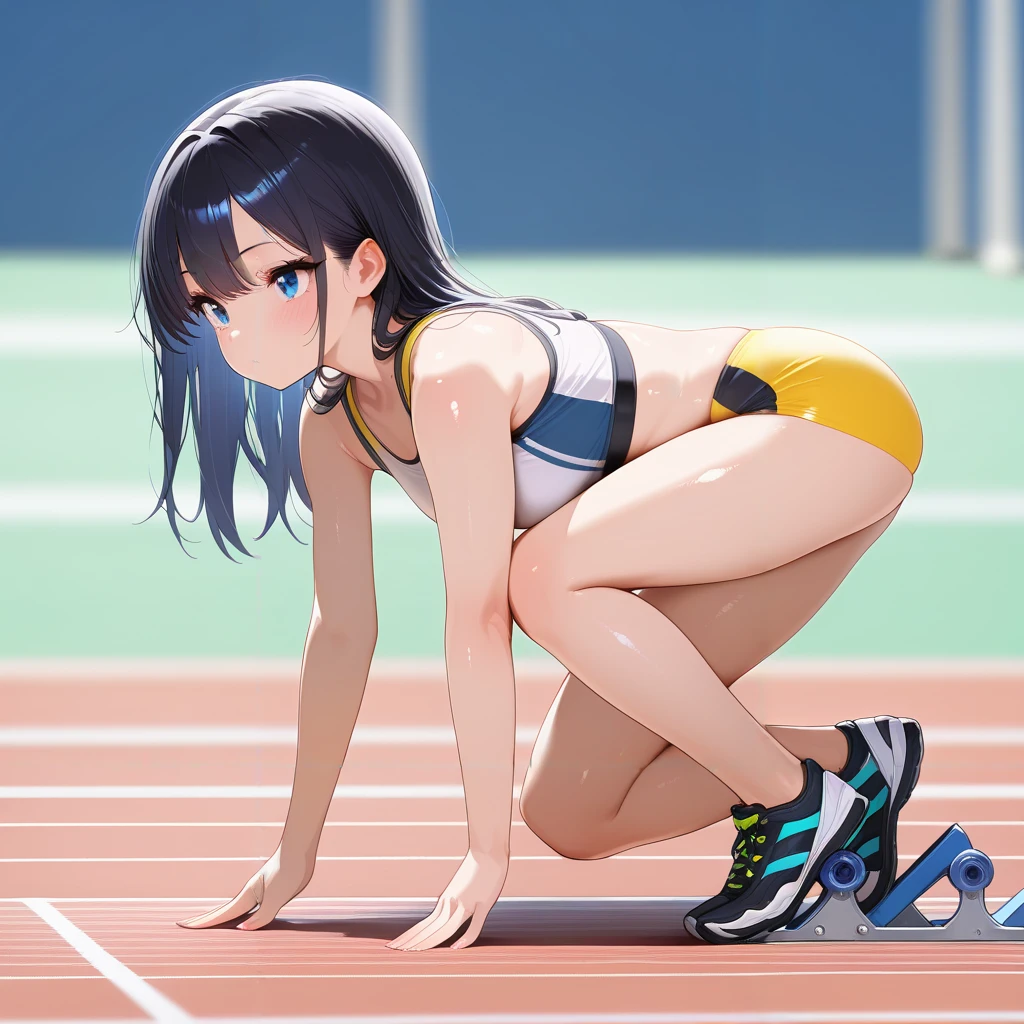 1 naïve 1 8 years old, Japan female college student, practicing for track and field, sitting with M-shaped legs on the field of the track and field stadium, wearing an ultramarine bra top and ultramarine running shorts, 1 person (Akiko Takase, Kazue Kato, , Aya Takano, Etsuko Miura, Choko, Tsugumi Oba, Chiho, Rinko Kawaichi, Takeyuki Kanda), Body shape is 158 cm tall, weight 53 kg, bust 83 cm (D cup), waist 61 cm, Hips 86cm, Hair is shoulder-length black hair, bangs, wet with sweat, bangs, whole body drenched in sweat, The scene is an athletics stadium at summer twilight