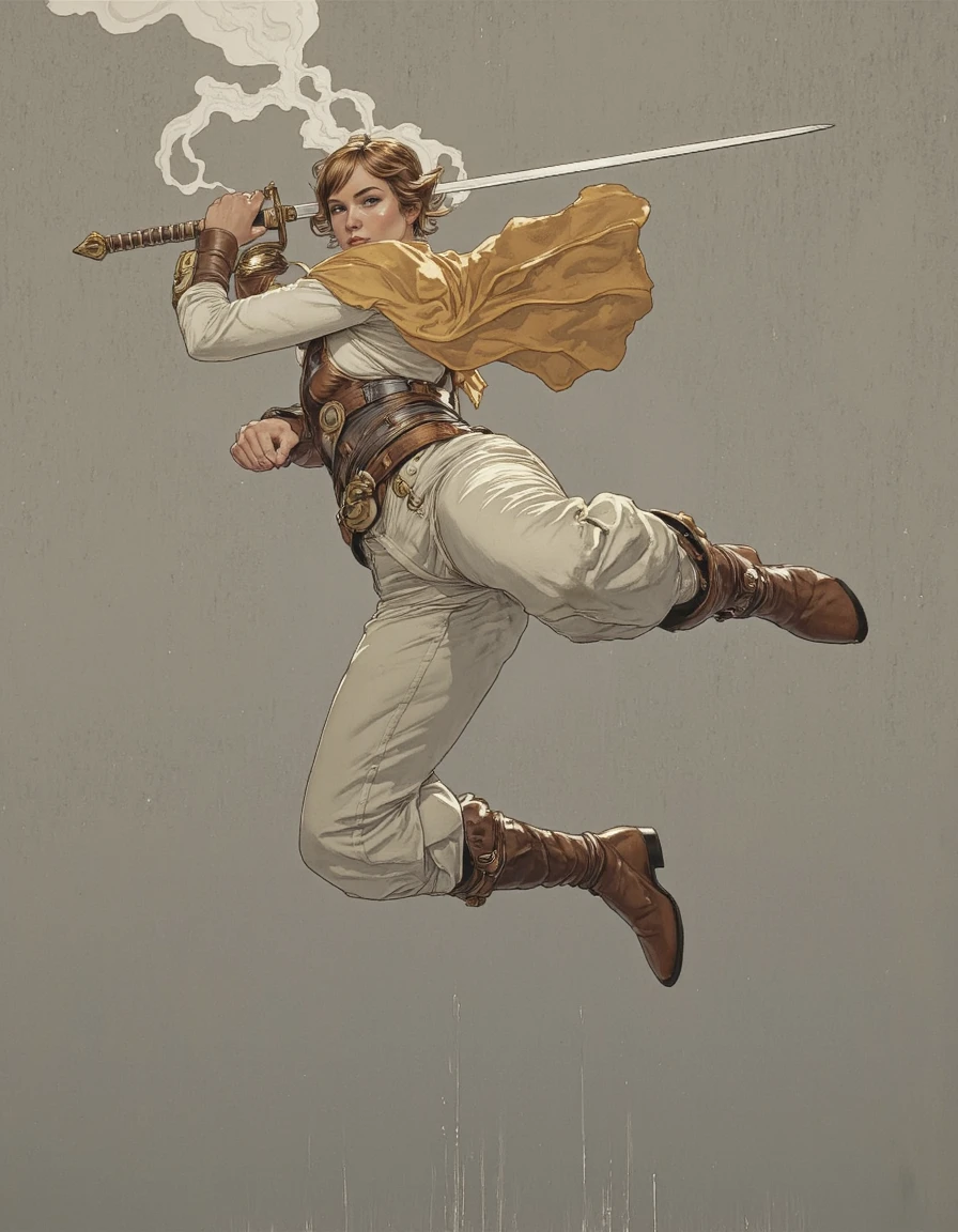 By Phandigrams. A digital illustration shoot from below about a dynamic pose of a woman engaged in a sword fighting stance, wearing a brown and gold outfit with white pants and brown boots. in the middle of the image, a woman with fair skin, brown hair styled in a bun, and a determined expression, who appears to be in mid-air, is facing the viewer and looking directly at them. she is positioned in the center of the frame, holding a sword in her right hand and positioned in a dynamic stance, with her left leg extended forward and her right leg bent at the knee. her arms are outstretched and she has a determined look on her face. the background is a plain grey textured surface, giving the image a modern and minimalist aesthetic. the style is reminiscent of comic book art, with bold lines and vibrant colors that bring out the character's striking features.
