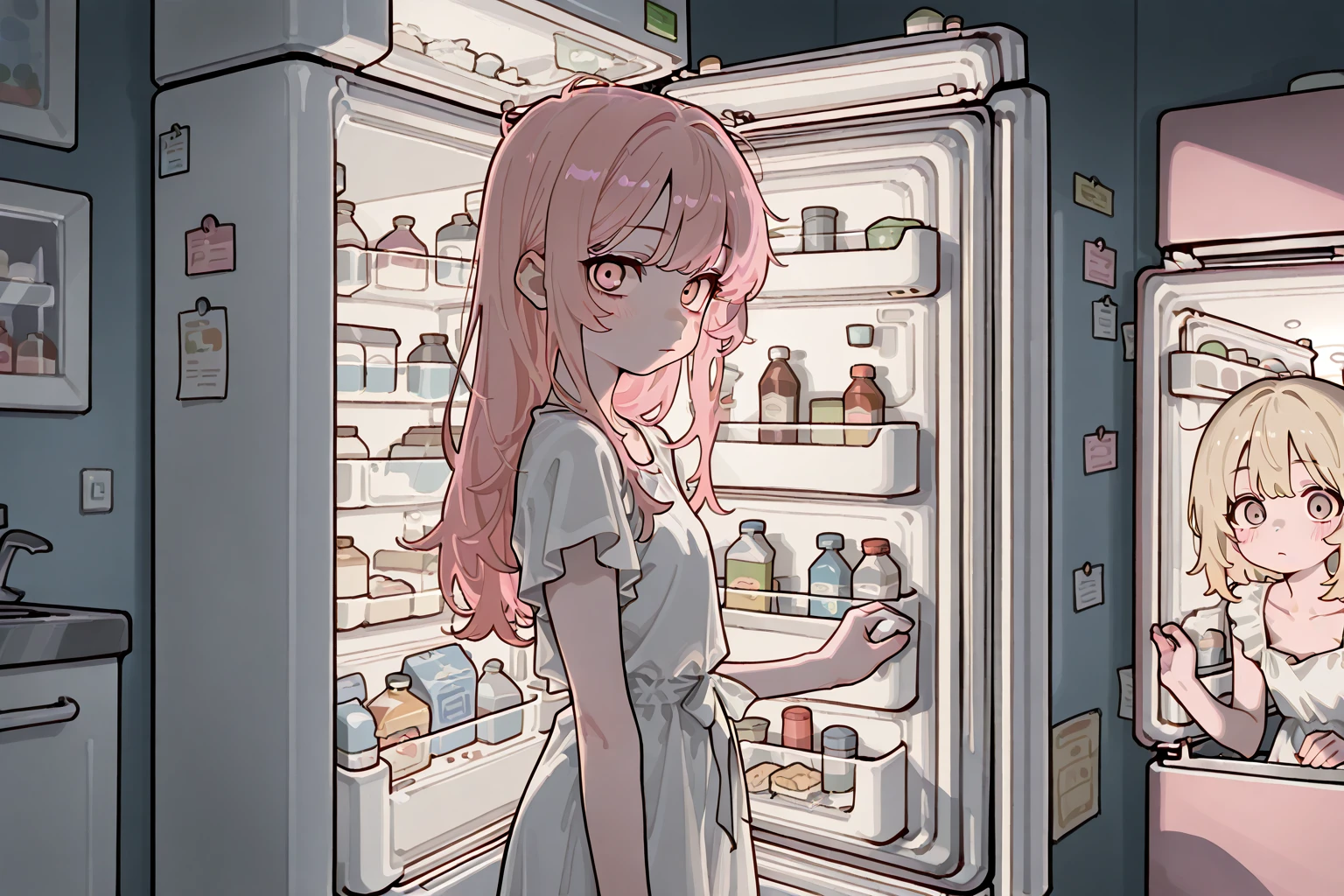 masterpiece,best quality,amazing quality, 2GIRLS, white dress, blonde pink hair, from the side, in front of a open refrigerator, refrigerator interior,
looking at viewer
(flat cute color 0.9)
