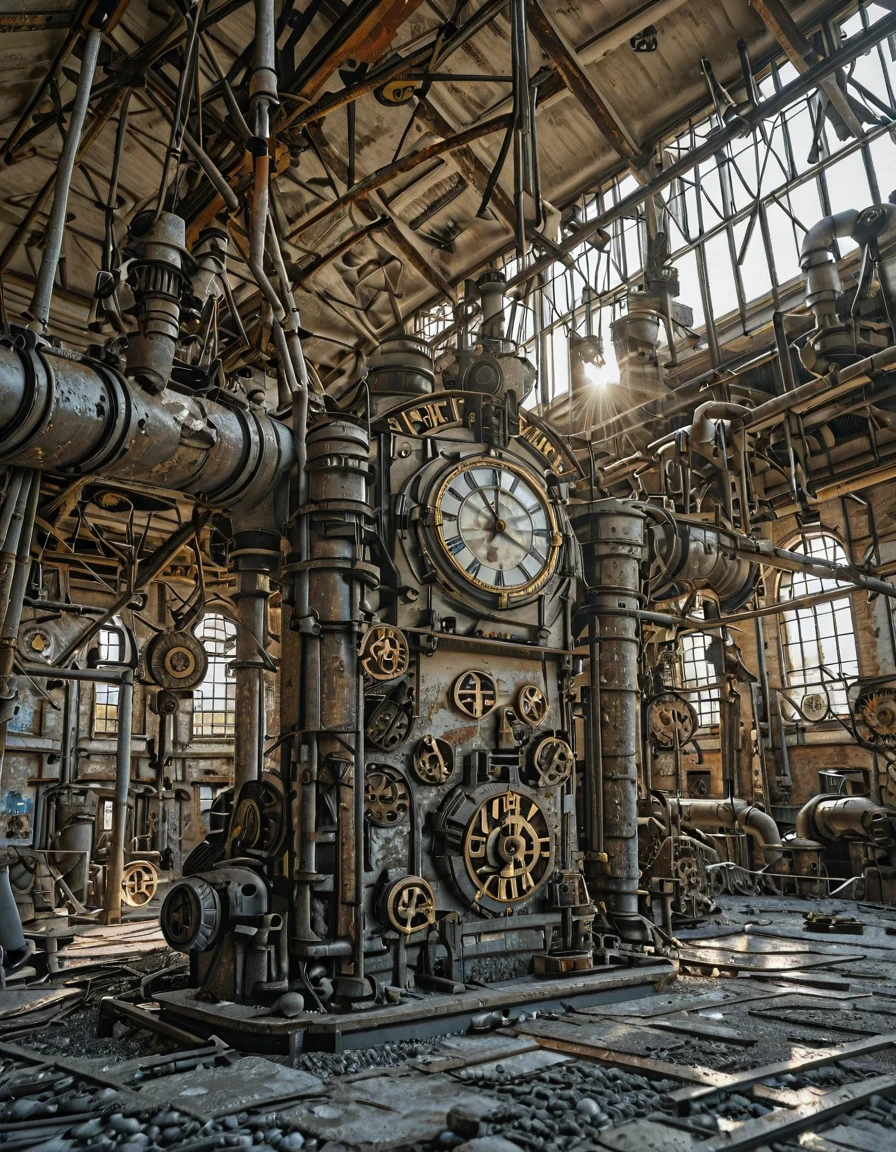 <lora:City_Worlds_02_Lost_Indusinc:1> photo, cw02lost, indoors, abandoned, factory, industrial, broken machinery, pipes, rust, decay, grunge, metal, dust, derelict, structure, steel, ducts, graffiti, worn, ventilation, urban, corrosion, sunlight, broken ceiling, sunlight, sunset, wet, flooded, winged victory, marble statue, classical sculpture, hellenistic, ancient greece, dynamic pose, drapery, stained glass, dome, ornate, architecture, ceiling, majestic. baroque, industrial, steampunk, vintage clock, ornate, roman numerals, wrought iron, station clock, hanging, antique,