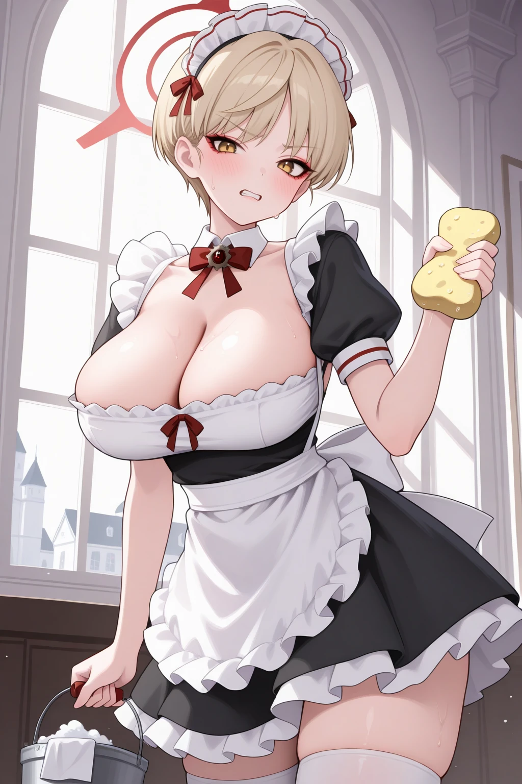 masterpiece, best quality, cowboy shot, looking at viewer, grimace, blush, sweatdrop, 1girl, mar1na, red halo, large breasts, makeup, yellow eyes, blonde hair, short hair, maid headdress, black dress, puffy short sleeves, maid apron, cleavage, white thighhighs, holding bucket, holding sponge, indoors, mansion, sunlight, <lora:Hoseki_BlueArchive_MarinaIkekura_IllustriousXL_v1:1>