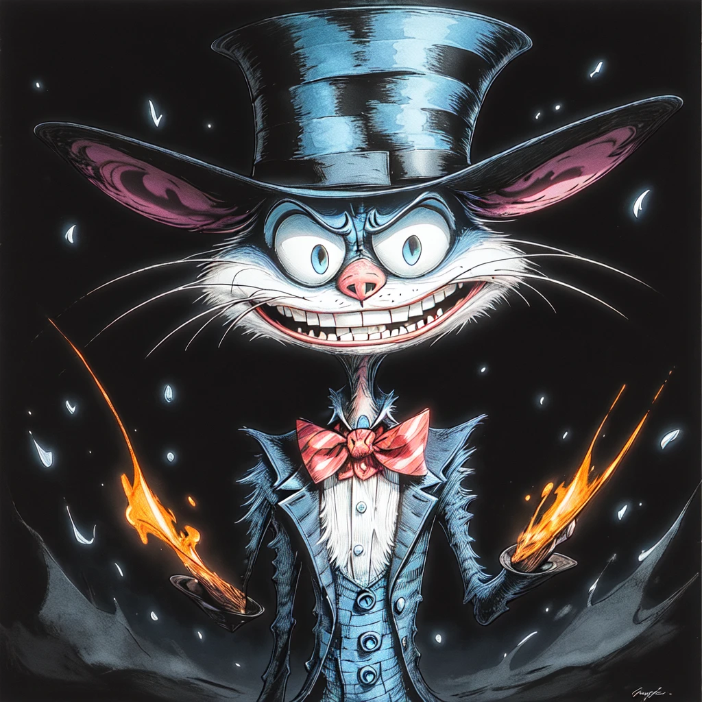 <lora:Expressionism_CartoonsSD1:1> Expressionism Cartoons, The image shows a cartoon of a Cheshire Cat wearing a top hat and bow tie against a dark background., hat, top hat, solo, bowtie, bow, smile, grin, furry, animal ears, looking at viewer