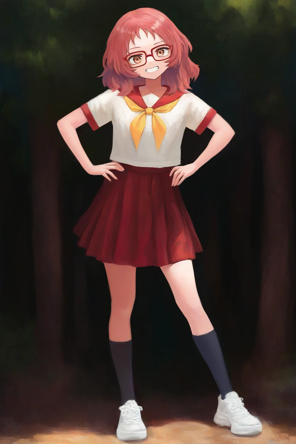 masterpiece, best quality, 1girl, solo,
aimie, medium hair, red hair, brown eyes, glasses, red-framed eyewear,
school uniform, short sleeves, red sailor collar, yellow neckerchief,
short skirt, red skirt, kneehighs, black socks, sneakers, white footwear,
hands on hips, grin, standing, full body, looking at viewer, oil painting, forest