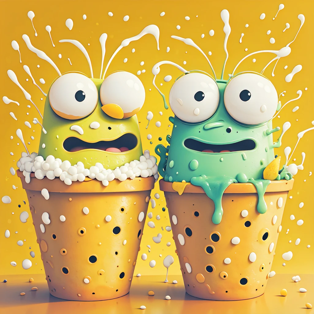 <lora:Expressionism_CartoonsSD1:1> Expressionism Cartoons, The image shows two cartoon characters in buckets with different expressions on them set against a yellow background. The characters appear to be from the popular game Spongebob Squarepants and the image is likely related to the game's release date which is set to be released on October 29th., food, no humans, open mouth, popcorn, black eyes, yellow background, food focus, multiple others, orange background