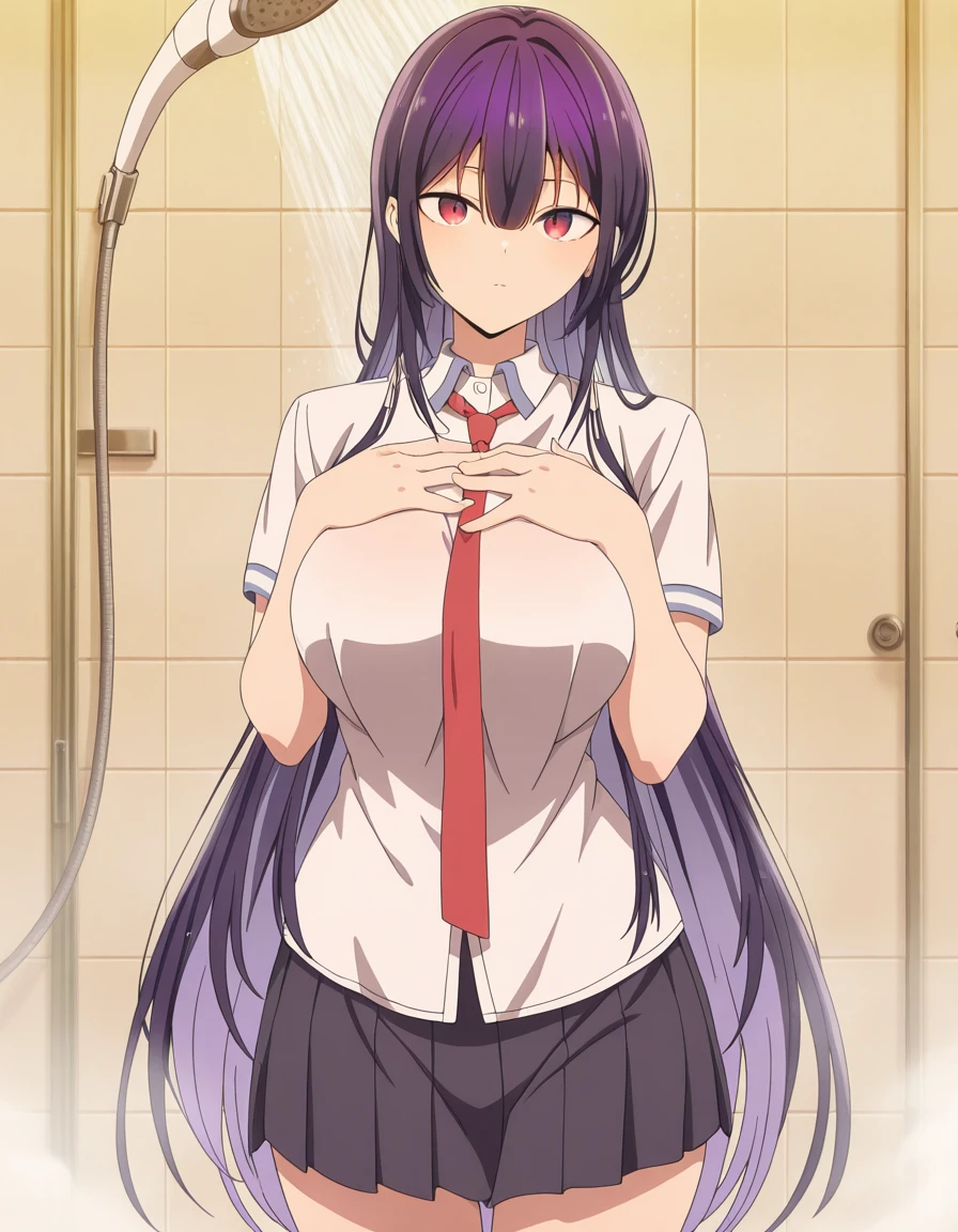 1girl, nsfw, furuderika, long hair, purple eyes, blue hair, blunt bangs, empty eyes, large breasts, nipple, Walking, Hospital, frozen, wet, crying, Naked, (1girl) , solo, Blank look, Peeing, lactation, projectile lactation