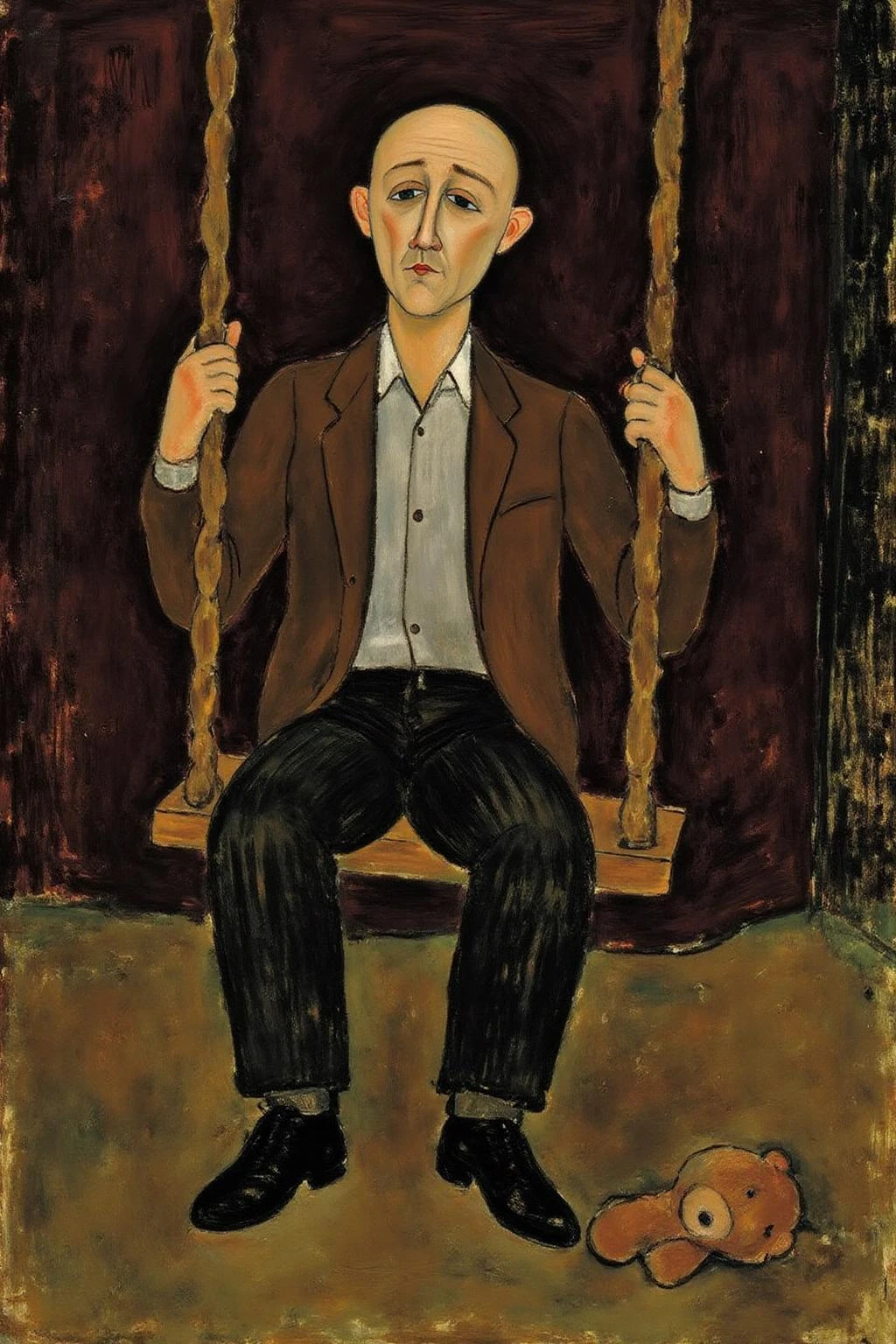 amedeomodigliani1 painting. 
A sad, bald man with droopy, tired eyes. sitting on a wooden swing. He is holding the swing's chains with both hands. There is a teddy bear lying on the ground. 
  <lora:amedeomodigliani1_cap_d6a3e8:1.0><lora:847312221091420423:0>