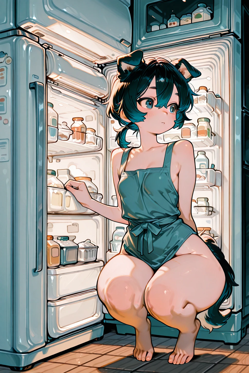 masterpiece,best quality,amazing quality, solo, androgynous asian woman , looking at a refrigerator, refrigerator interior, inumimi, dog ears
crouched, from the side, cute
(flat cute color 0.9), thick thighs, small breasts , wide hips, highly detailed isometric kitchen, from below