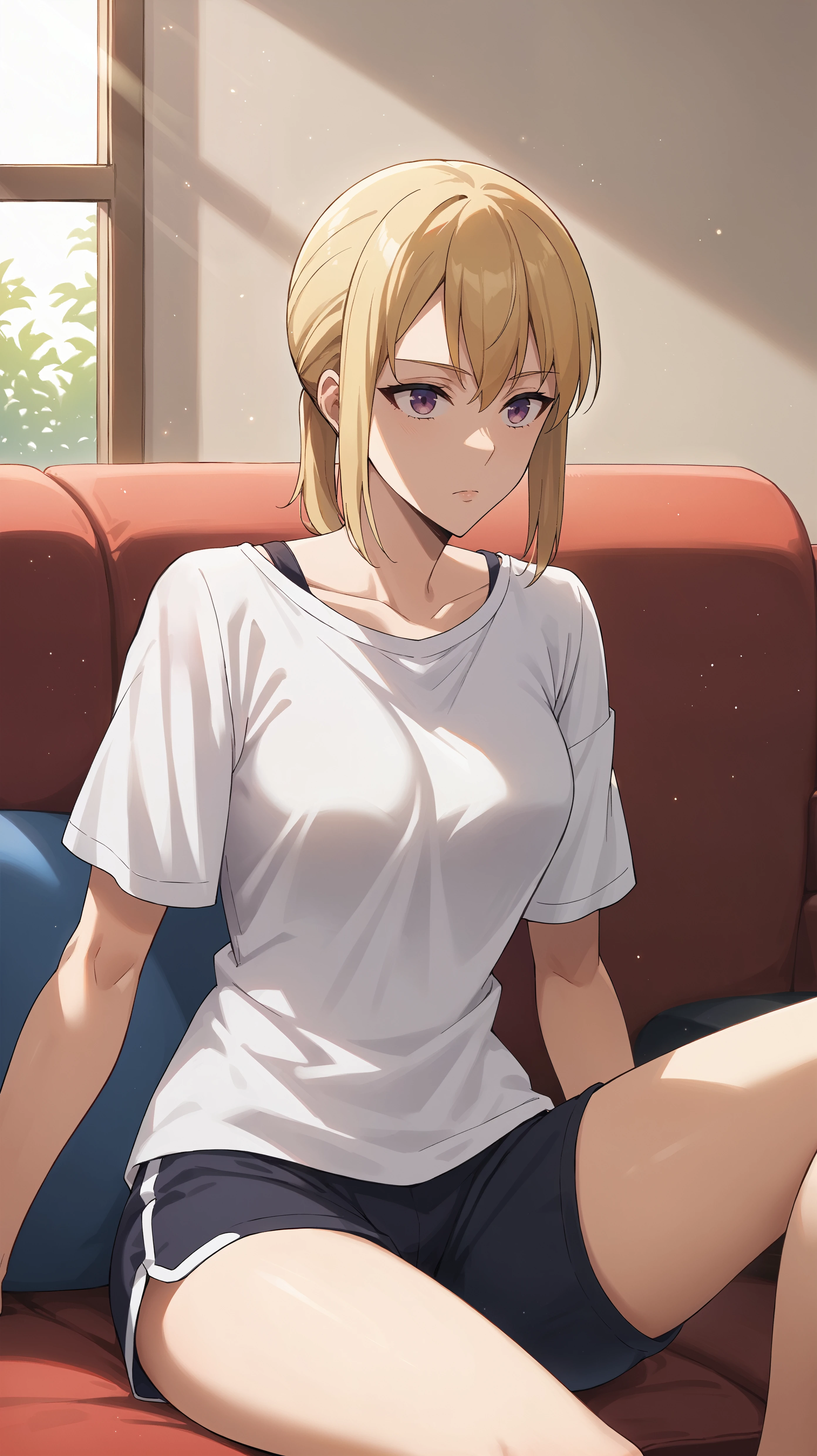 score_9,score_8_up,score_7_up,score_6_up, source_anime, girl, dynamic pose, sitting, <lora:Hae-In Cha - Pony_v2:0.9>, hae_in_cha_sl, blonde hair, bangs, sidelocks, short ponytail, low ponytail, purple eyes, black sweater, (white shirt, white t-shirt), short sleeves, baggy shirt, black gym shorts, living room, soft lighting, comfy, couch, bare shoulder, relaxing, reclining, light rays, dust particles, head tilted back,