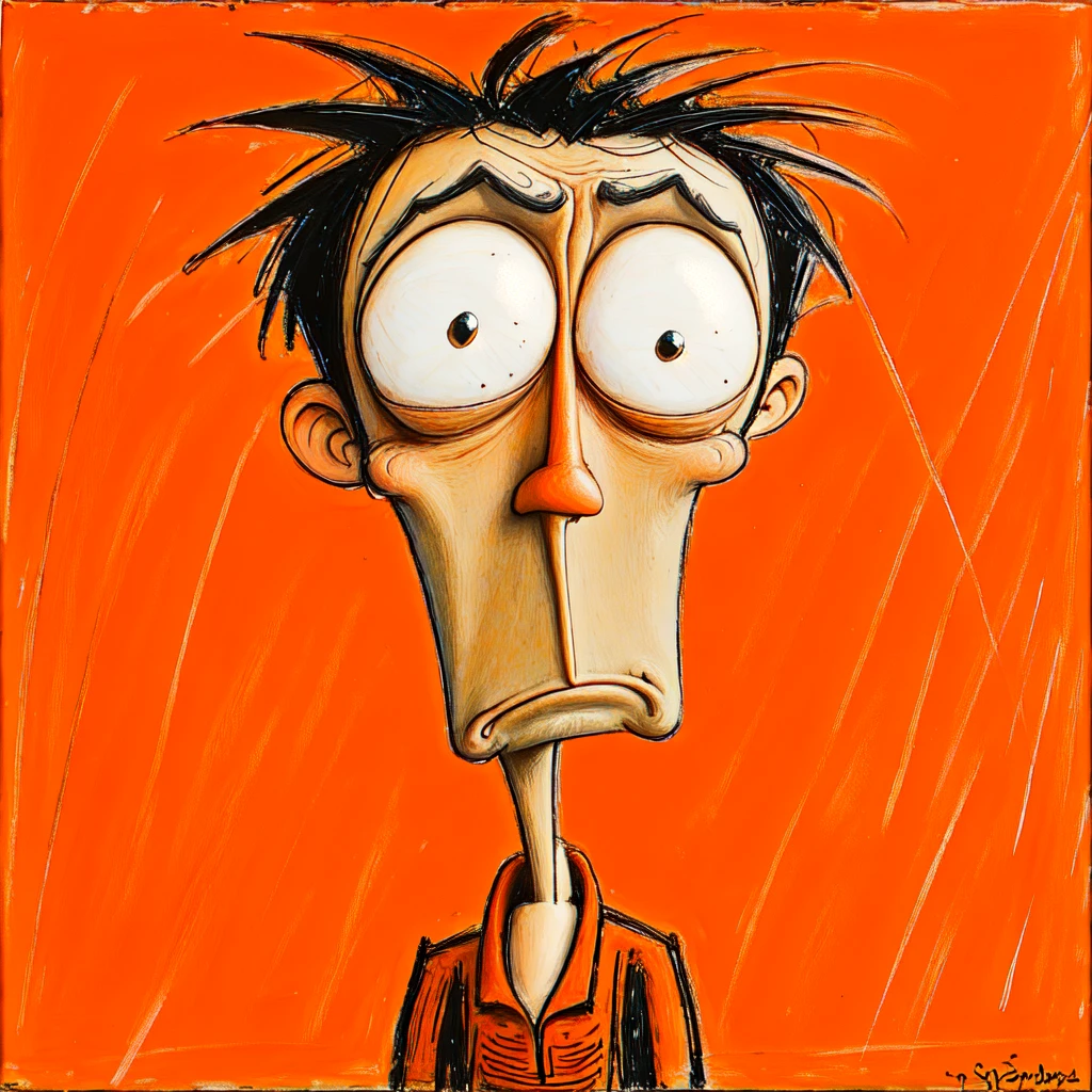<lora:Expressionism_CartoonsSD1:1> Expressionism Cartoons, The image shows a painting of a man with a surprised look on his face set against an orange background., male focus, solo, 1boy, black hair, frown, sanpaku, orange background, wide-eyed, closed mouth, looking at viewer