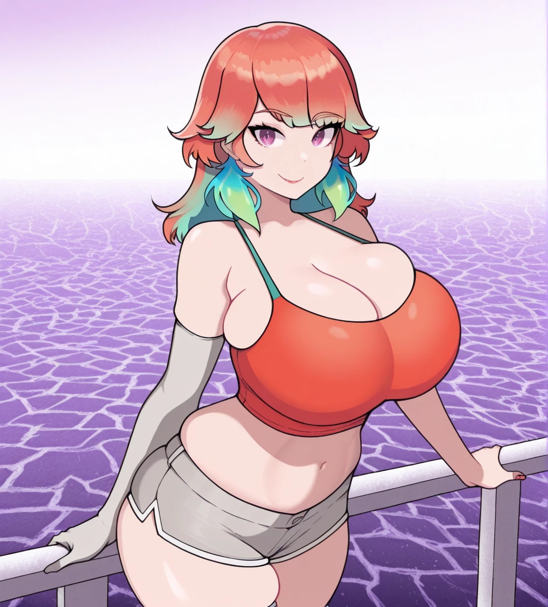18 year old young woman with bright red hair, SMILE, happy, extremely huge breasts , and extremely voluptuous hips, tattoos on his arms, sitting with legs extremely open, and showing her vagina completely naked , unclothed , splattered nose, violet eyes and on the beach, with Nordic features, you are very white, showing her extremely voluptuous buttocks
