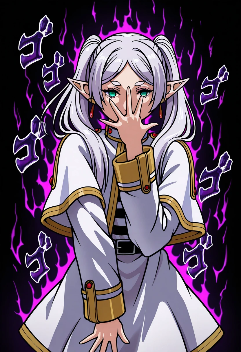masterpiece, high quality, j0n4th4n, jojo pose, covering own mouth, covering face, 1girl, solo, frieren, araki hirohiko (style), menacing, aura, black background,