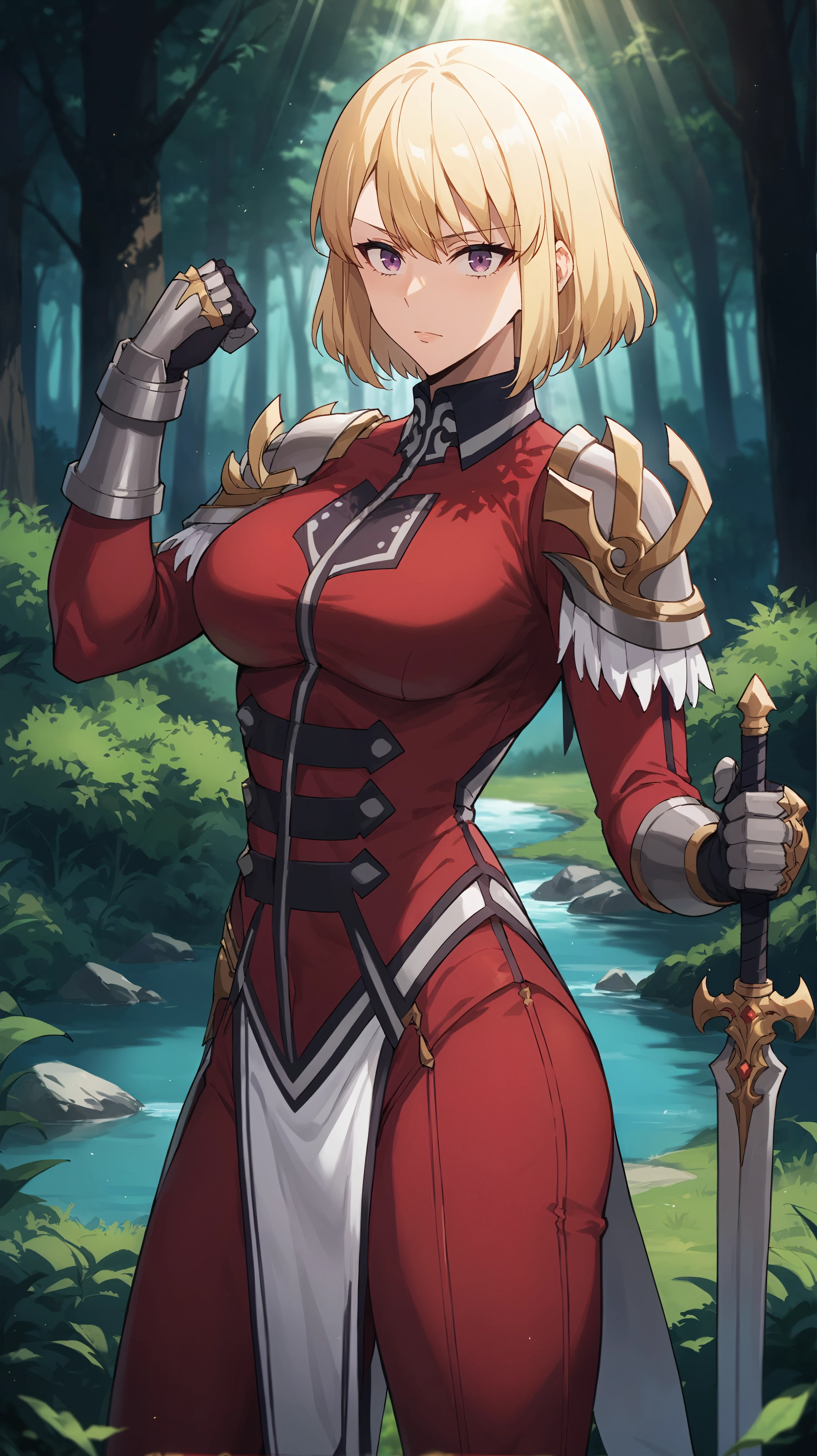 score_9,score_8_up,score_7_up,score_6_up, source_anime, girl, dynamic pose, flexing, <lora:Hae-In Cha - Pony_v2:0.9>, hae_in_cha_sl, blonde hair, bangs, purple eyes, red bodysuit, high collar, black collar, grey shoulder pads, armored gloves, rf1, pelvic curtain, nature, forest, light rays, red sleeves, red pants,