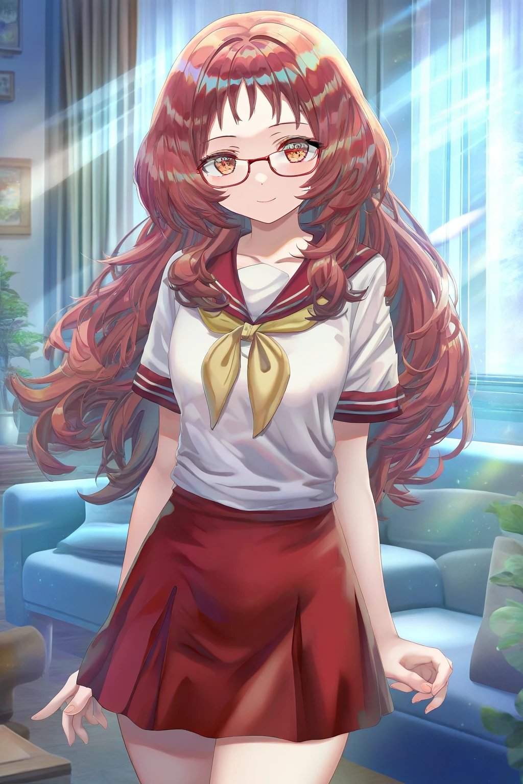 masterpiece, best quality, newest, 1girl, solo,
aimie, long hair, red hair, brown eyes, glasses, red-framed eyewear,
school uniform, short sleeves, red sailor collar, yellow neckerchief,
short skirt, red skirt,
smile, standing, cowboy shot, looking at viewer, {living room|bedroom|classroom|city}, {light ray|night},
artist:{tsukushi akihito, female child|abmayo|dagasi|yoneyama mai|ebifurya|itomugi-kun|ruu /(tksymkw/)|blade /(galaxist/)|ixy|hungry clicker|hoshino fuuta, female child|skidoo, female child|konnyaku /(kk-monmon/)|sunhyun|sydusarts|mochikushi|mukanata|lunacle|muneyuki|bagelbomb|waterring|orenjipiiru|sarena|torino aqua|daikinbakuju|sweetonedollar|skeleion|himitsu /(hi mi tsu 2/)|milkshakework|aak|moyachii|agwing86|longcloud|shuru y|sakimichan|tsubasa tsubasa|actualekusu}