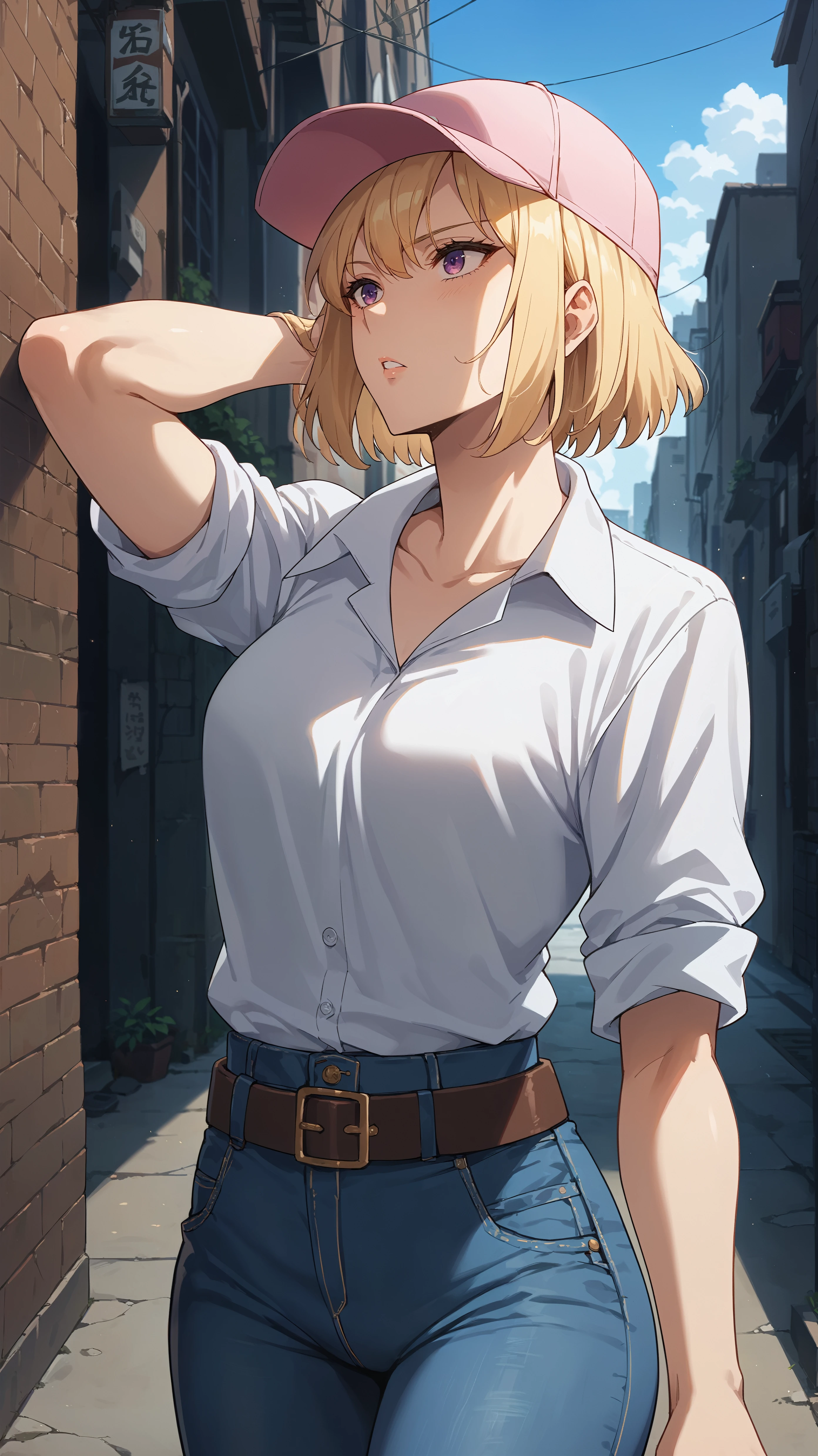 score_9,score_8_up,score_7_up,score_6_up, source_anime, girl, dynamic pose, feminine pose, <lora:Hae-In Cha - Pony_v2:0.9>, hae_in_cha_sl, blonde hair, bangs, sidelocks, purple eyes, pink cap, white shirt, sleeves rolled up, brown belt, jeans, modern city, alley,