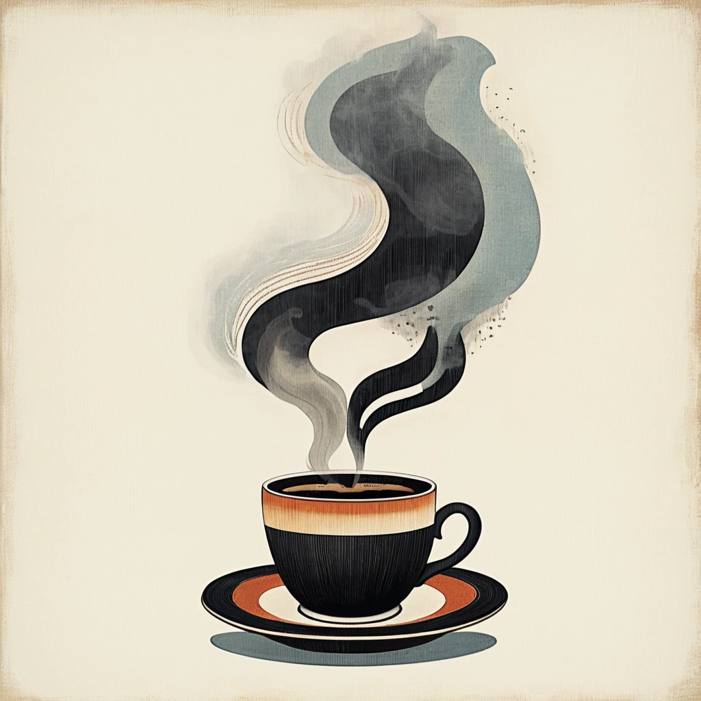 <lora:Modern_Ukiyo-e_illustrationSDXL:1> Modern Ukiyo-e illustration, The image shows a cup of coffee with steam rising from it sitting on a saucer. The cup is filled with a steaming hot beverage likely coffee and the steam is rising from the cup giving off a pleasant aroma., cup, solo, coffee, teacup, saucer, steam, no lineart, no humans, fire, holding