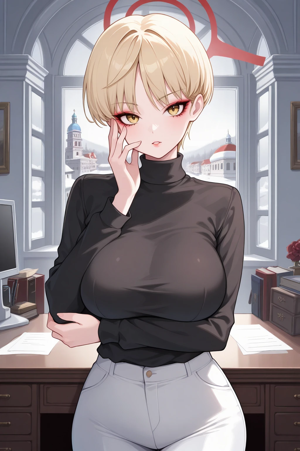 masterpiece, best quality, looking at viewer, parted lips, 1girl, mar1na, red halo, large breasts, makeup, yellow eyes, blonde hair, short hair, turtleneck sweater, black sweater, white pants, hand to own face, crossed arms, indoors, office, desk, window, european architecture, russia, winter, <lora:Hoseki_BlueArchive_MarinaIkekura_IllustriousXL_v1:1>