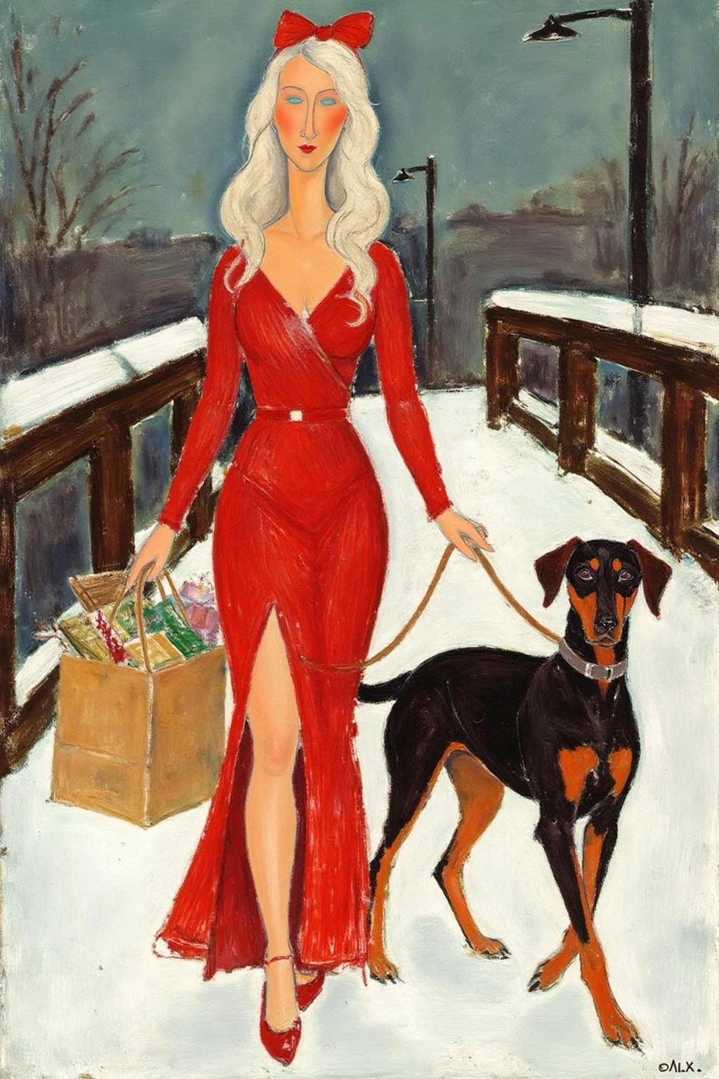 amedeomodigliani1 painting.
A woman with long, wavy white hair is wearing a red dress with a high slit and a red bow in her hair. She is walking in the snow on a bridge, holding a shopping bag filled with wrapped presents in one hand and a leash attached to a dobermann dog in the other. <lora:amedeomodigliani1_cap_d6a3e8:1.0><lora:847313328119242024:0>
