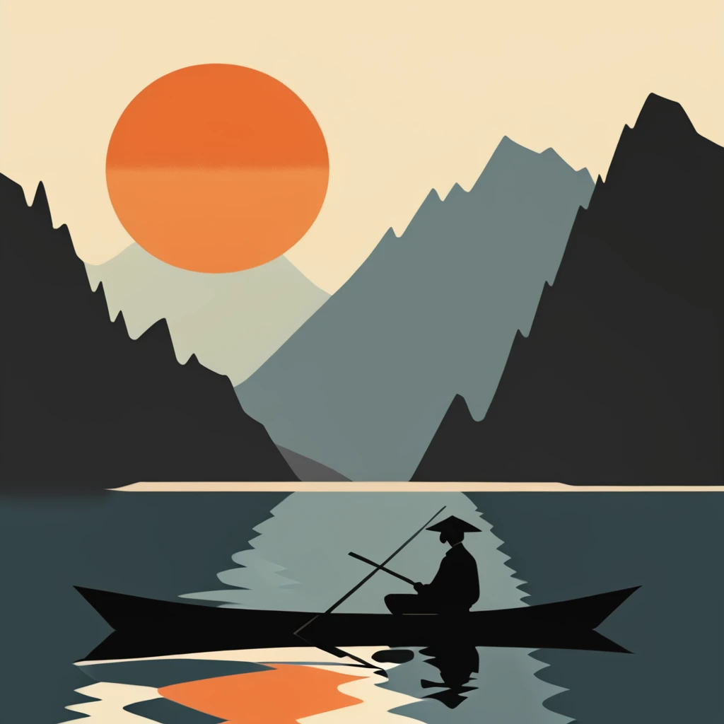 <lora:Modern_Ukiyo-e_illustrationSDXL:1> Modern Ukiyo-e illustration, The image shows a person in a boat on a lake surrounded by majestic mountains and a beautiful sunset. The person is holding a paddle and the lake is calm and still reflecting the colors of the sky., reflection, solo, silhouette, sun, 1boy, water, weapon, mountain, sword, male focus