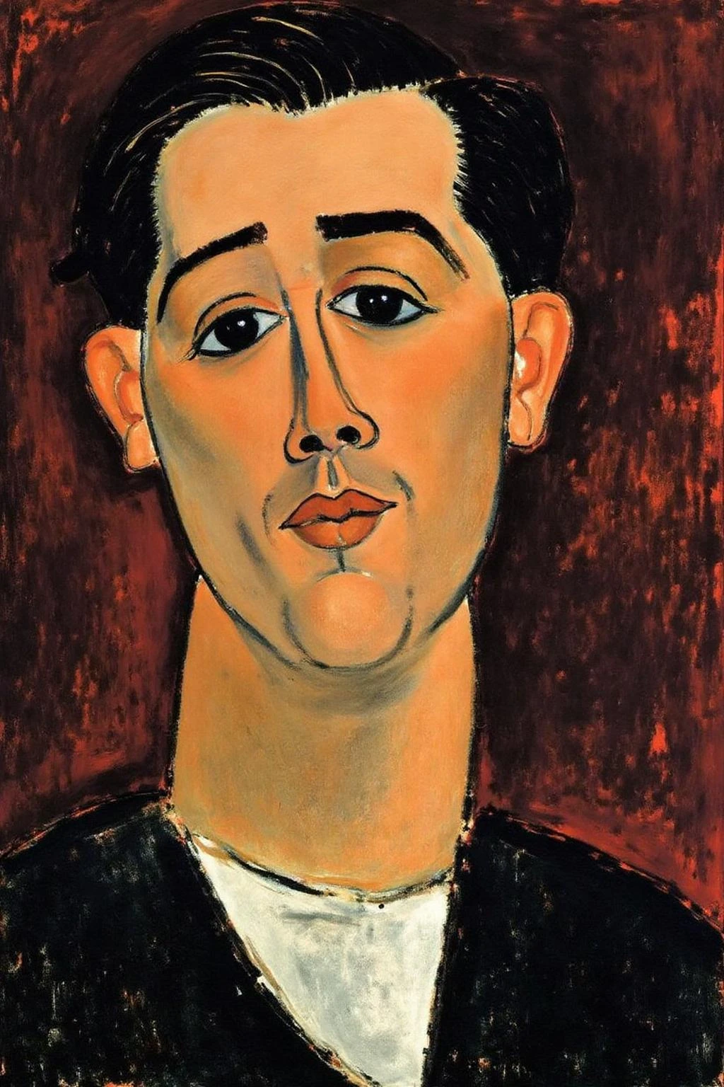 amedeomodigliani1 painting.
A man with a prominent, expressive face, including a large nose, full lips, and arched eyebrows. His hair is dark and neatly combed. He is wearing a dark garment with a lighter collar. <lora:amedeomodigliani1_cap_d6a3e8:1.0><lora:847296273877849721:0>