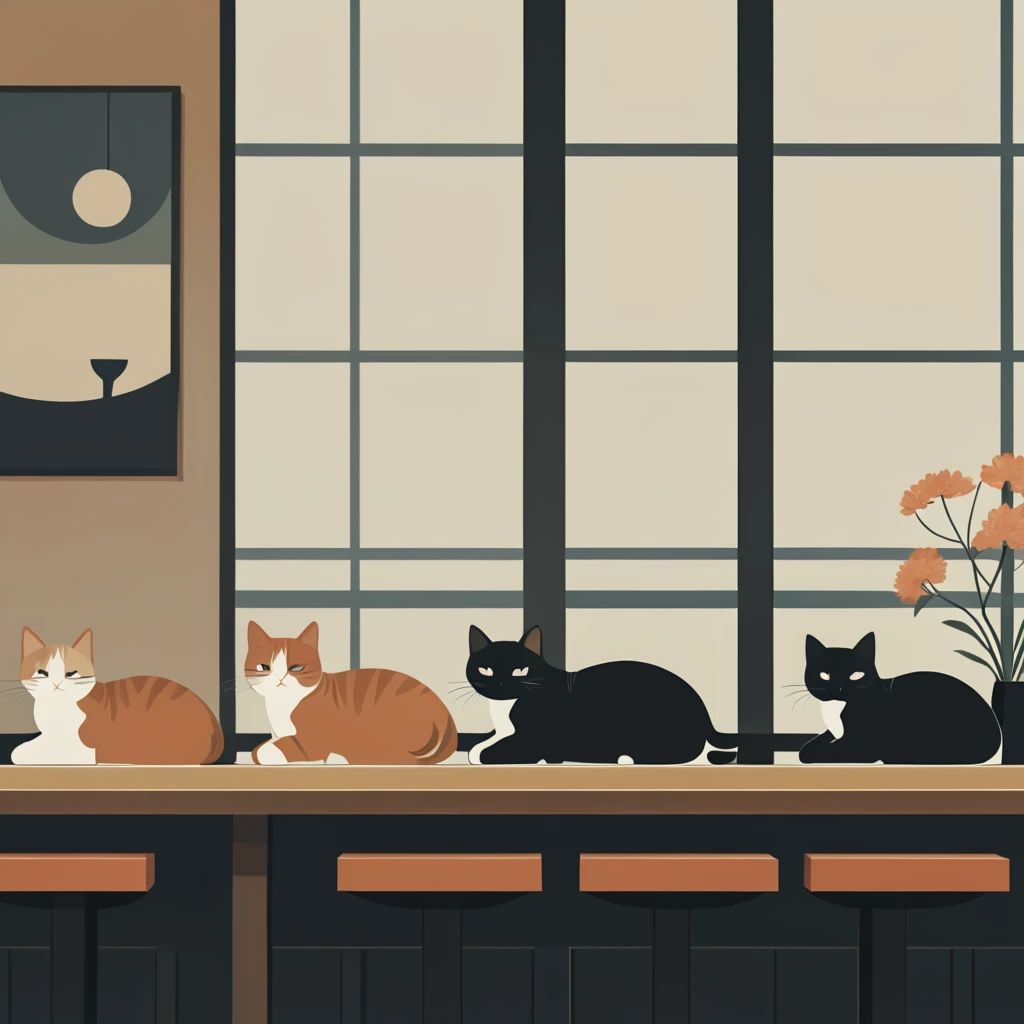 <lora:Modern_Ukiyo-e_illustrationSDXL:1> Modern Ukiyo-e illustration, The image shows three cats sitting on top of a table in front of a window surrounded by stools a flower vase and other objects. The cats appear to be in a Japanese-style cafe with a warm and inviting atmosphere., no humans, cat, sun, bowl, table, cup, indoors, black cat, plant, animal