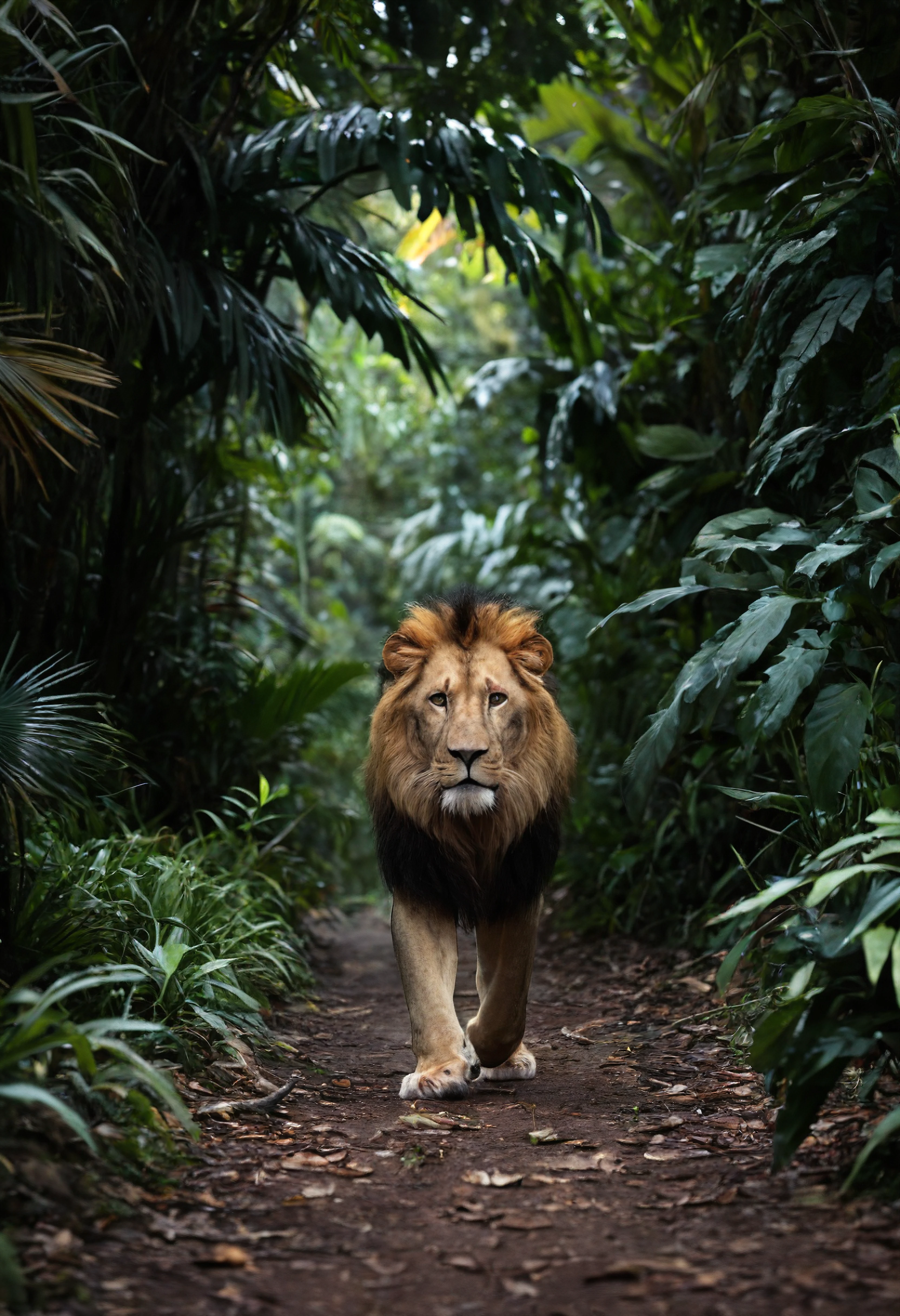 8k, realistic, high-resolution photograph of a lion walking toward the camera, behind leaves, deep jungle, greenery, south american, dark, sharp