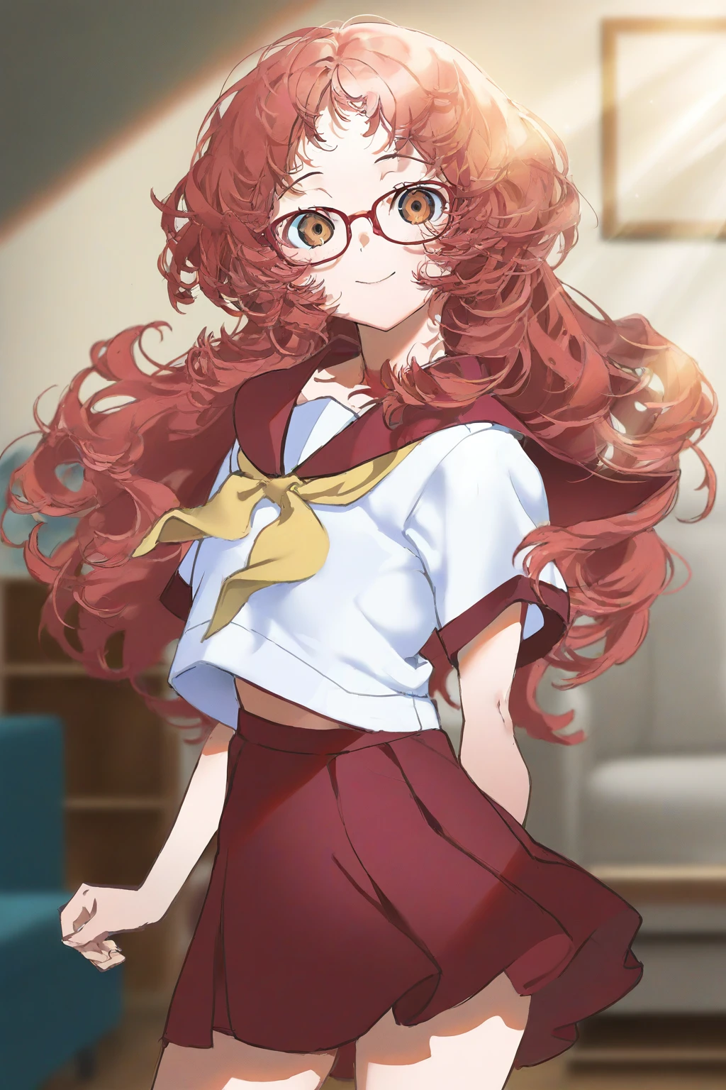 masterpiece, best quality, newest, 1girl, solo,
aimie, long hair, red hair, brown eyes, glasses, red-framed eyewear,
school uniform, short sleeves, red sailor collar, yellow neckerchief,
short skirt, red skirt,
smile, standing, cowboy shot, looking at viewer, {living room|bedroom|classroom|city}, {light ray|night},
artist:{tsukushi akihito, female child|abmayo|dagasi|yoneyama mai|ebifurya|itomugi-kun|ruu /(tksymkw/)|blade /(galaxist/)|ixy|hungry clicker|hoshino fuuta, female child|skidoo, female child|konnyaku /(kk-monmon/)|sunhyun|sydusarts|mochikushi|mukanata|lunacle|muneyuki|bagelbomb|waterring|orenjipiiru|sarena|torino aqua|daikinbakuju|sweetonedollar|skeleion|himitsu /(hi mi tsu 2/)|milkshakework|aak|moyachii|agwing86|longcloud|shuru y|sakimichan|tsubasa tsubasa|actualekusu}
