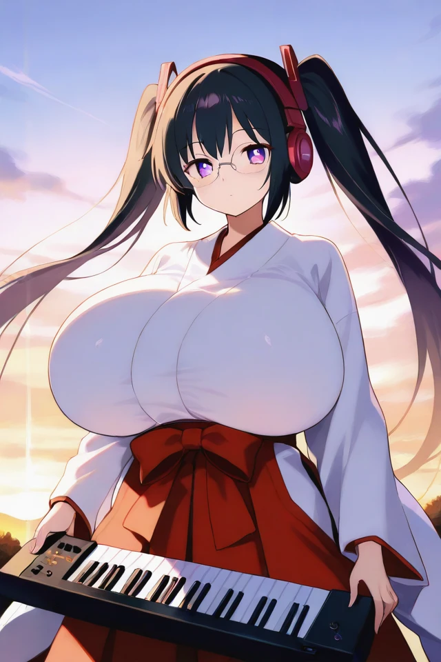 1girl, solo, purple eyes, black hair, very long hair, high twintails, bright eyes, (headphones:1.2), glasses, (gigantic breasts:1.4), expressionless, ((sunrise:1.2), (dawn:1.2), (sky:1.2)),miko, shrine maiden, (red hakama:1.2), playing keytar, keytar, holding_instrument,
(masterpiece), (best quality), (ultra-detailed), 8K, very aesthetic, illustration, (moe), (cute), (anime:1.2), perfect composition, intricate details, absurdres, uncensored, absolutely eye-catching, perfect face, newest,