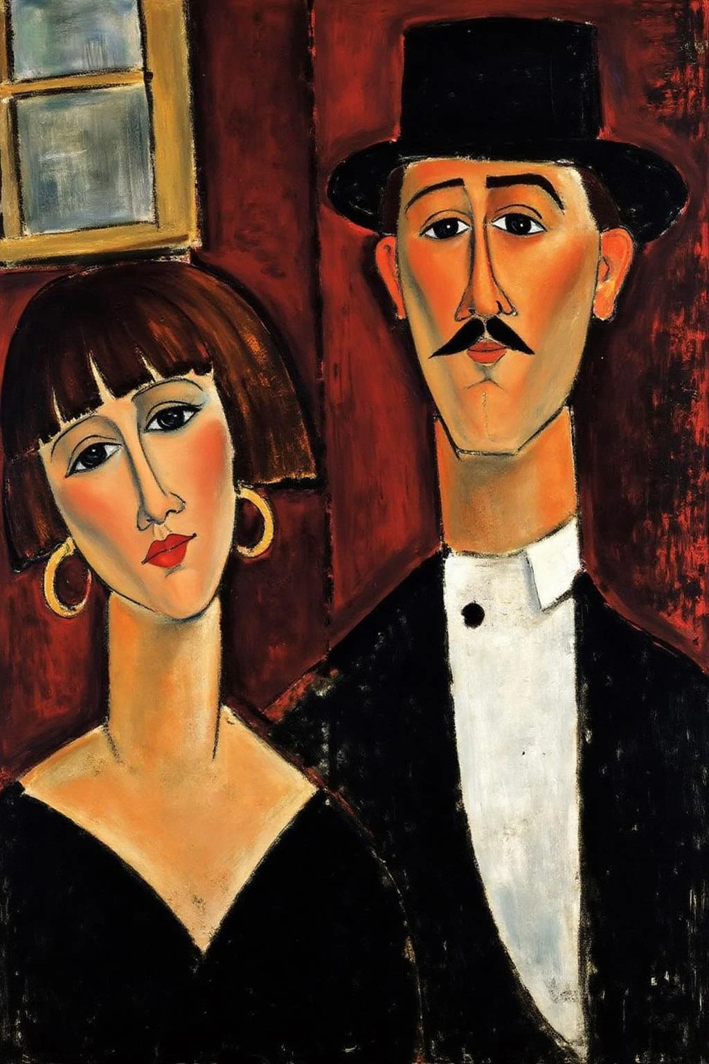 amedeomodigliani1 painting.
Abstract, cubism portrait of a woman and a man. On the left, a woman with a bob haircut, bangs, and red lips is wearing a black dress and hoop earrings. On the right, a man with a mustache and a black hat is dressed in a white shirt and black tuxedo. A window is behind them on the left.
<lora:amedeomodigliani1_cap_d6a3e8:1.0><lora:847309588276457193:0>