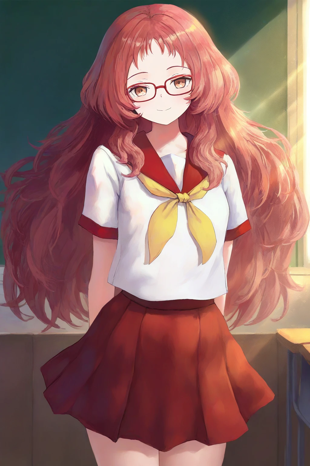 masterpiece, best quality, newest, 1girl, solo,
aimie, long hair, red hair, brown eyes, glasses, red-framed eyewear,
school uniform, short sleeves, red sailor collar, yellow neckerchief,
short skirt, red skirt,
smile, standing, cowboy shot, looking at viewer, oil painting, classroom, light ray