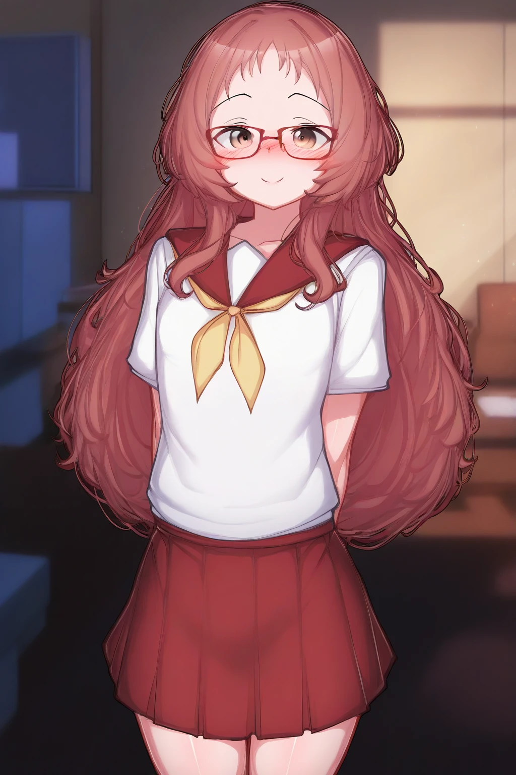 masterpiece, best quality, newest, 1girl, solo,
aimie, long hair, red hair, brown eyes, glasses, red-framed eyewear,
school uniform, short sleeves, red sailor collar, yellow neckerchief,
short skirt, red skirt,
smile, standing, cowboy shot, looking at viewer, {living room|bedroom|classroom|city}, {light ray|night},
artist:{tsukushi akihito, female child|abmayo|dagasi|yoneyama mai|ebifurya|itomugi-kun|ruu /(tksymkw/)|blade /(galaxist/)|ixy|hungry clicker|hoshino fuuta, female child|skidoo, female child|konnyaku /(kk-monmon/)|sunhyun|sydusarts|mochikushi|mukanata|lunacle|muneyuki|bagelbomb|waterring|orenjipiiru|sarena|torino aqua|daikinbakuju|sweetonedollar|skeleion|himitsu /(hi mi tsu 2/)|milkshakework|aak|moyachii|agwing86|longcloud|shuru y|sakimichan|tsubasa tsubasa|actualekusu}