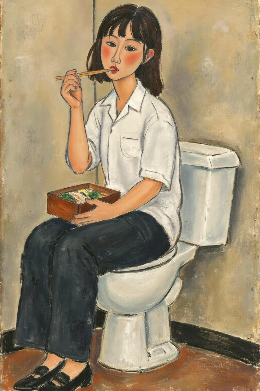 amedeomodigliani1 painting.
A Japanese student sitting on a toilet, wearing a white shirt and dark pants, eating a box lunch bento with chopstick.
<lora:amedeomodigliani1_cap_d6a3e8:1.0><lora:847313286243314054:0>