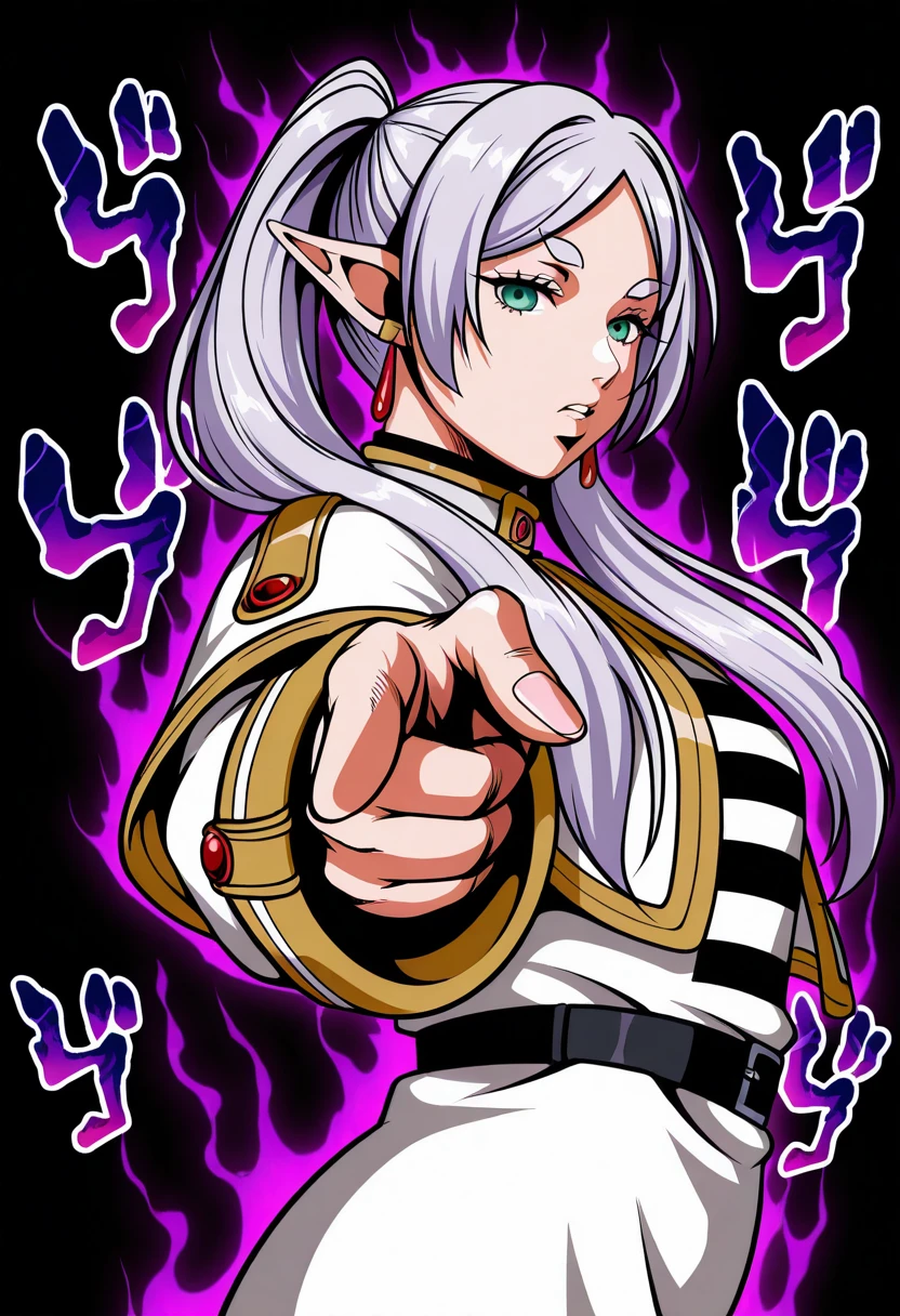 masterpiece, high quality, j0t4r0, pointing, from side, looking at viewer, jojo pose, 1girl, solo, frieren, araki hirohiko (style), menacing, aura, black background,