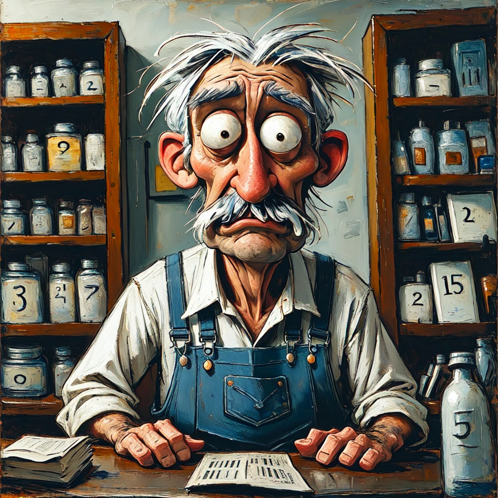 <lora:Expressionism_CartoonsSD1:1> Expressionism Cartoons, The image shows an old man sitting at a desk in a store surrounded by a variety of objects on the table in front of him. On the left side of the image there is a cupboard filled with books and other objects and on the right side there are photo frames on the wall. The painting is an oil painting by artist Eric Gifford., mustache, male focus, facial hair, 1boy, old, overalls, shirt, old man, white hair, collared shirt