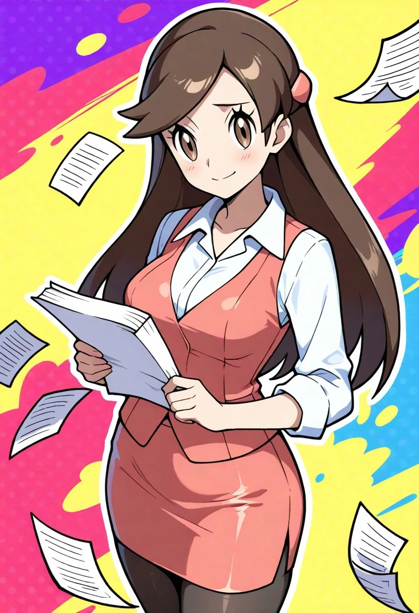 2d, masterpiece, best quality, amazing quality, highres, absurdres, newest, 1girl, solo, cowboy shot, colorful background, multicolored background, papers, pages, pink hues, medium breasts, olbw, office worker \(pokemon\), office lady, brown eyes, long hair, brown hair, hair ornament, pink vest, white shirt, collared shirt, long sleeves, pink skirt, pencil skirt, black pantyhose, holding papers