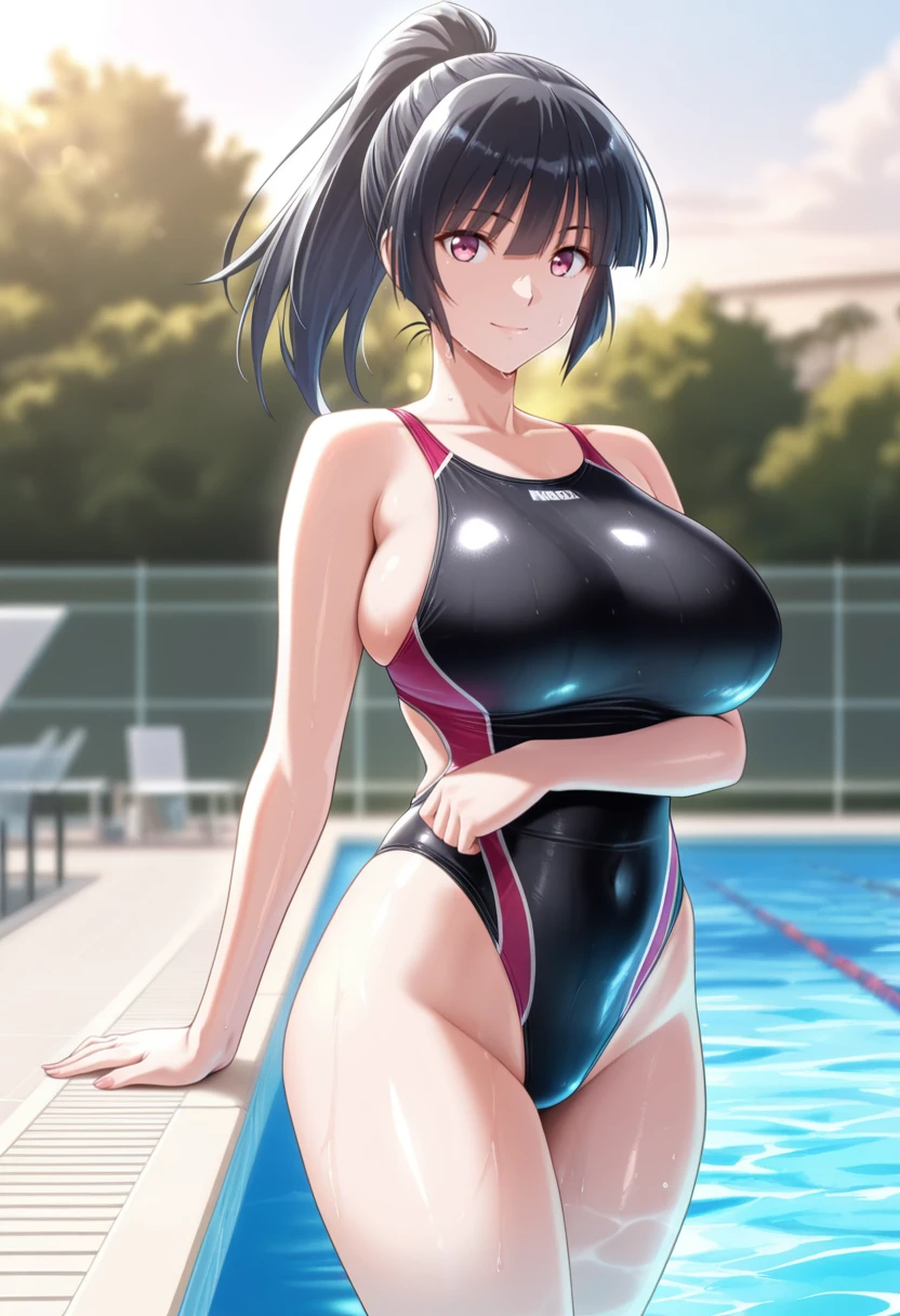 ((Table t○p, Highest quality, High Resolution、Anime Screen Capture、Pixel Perfect, 8K、sf)))、Perfect Anat○my、((((Muscular))))、(((Swollen nipples、Huge breasts、Wide Hips、Wide thighs)))、(B○th armpits、Place your hands behind your head)、((sfネイビーブルーボディスーツ))、Sweat, vap○r,(Yellow Eyes)、((Bobcut、Black Hair)), ((((:or))))、surprised、(((Embarrassing、blush)))、(Indoor Poolside)、from the front