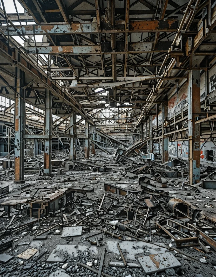<lora:City_Worlds_02_Lost_Indusinc:1> photo, cw02lost, indoors, abandoned, factory, rust, decay, derelict, broken machinery, industrial, destruction, metal, graffiti, broken roof, steel beams, debris, grunge, ruin, cold, structure, weathered, mess, desolation, corrosion