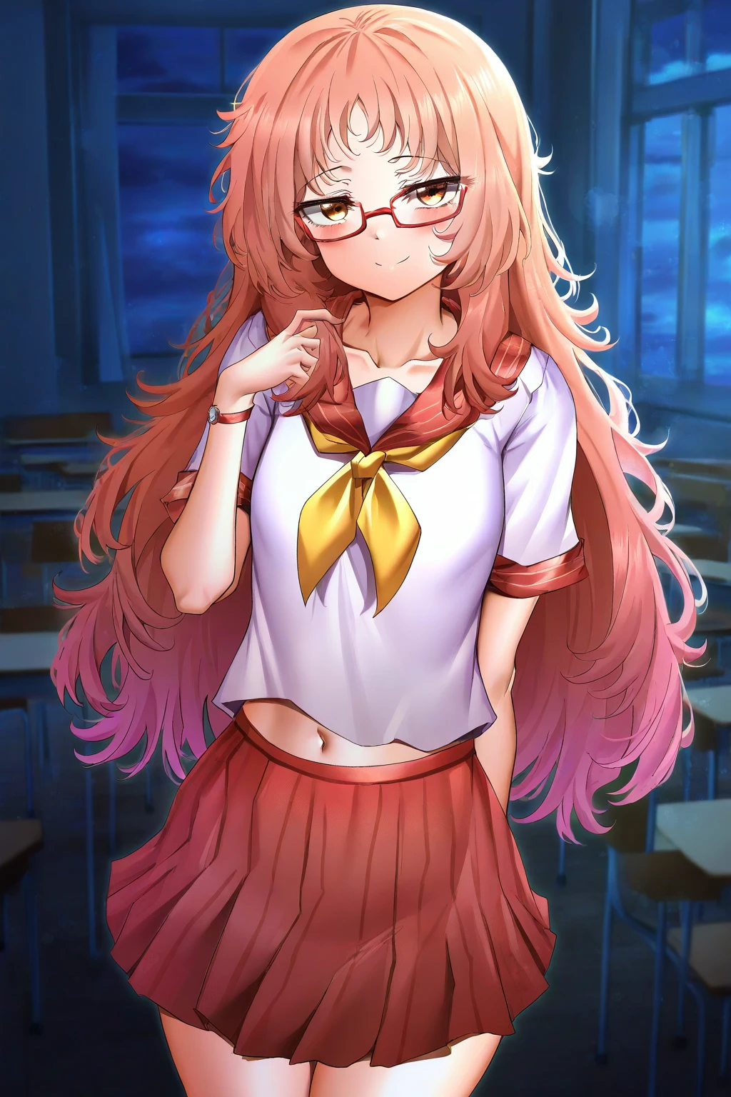 masterpiece, best quality, newest, 1girl, solo,
aimie, long hair, red hair, brown eyes, glasses, red-framed eyewear,
school uniform, short sleeves, red sailor collar, yellow neckerchief,
short skirt, red skirt,
smile, standing, cowboy shot, looking at viewer, {living room|bedroom|classroom|city}, {light ray|night},
artist:{tsukushi akihito, female child|abmayo|dagasi|yoneyama mai|ebifurya|itomugi-kun|ruu /(tksymkw/)|blade /(galaxist/)|ixy|hungry clicker|hoshino fuuta, female child|skidoo, female child|konnyaku /(kk-monmon/)|sunhyun|sydusarts|mochikushi|mukanata|lunacle|muneyuki|bagelbomb|waterring|orenjipiiru|sarena|torino aqua|daikinbakuju|sweetonedollar|skeleion|himitsu /(hi mi tsu 2/)|milkshakework|aak|moyachii|agwing86|longcloud|shuru y|sakimichan|tsubasa tsubasa|actualekusu}