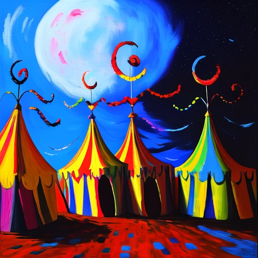 Expressionism Cartoons, The image shows a painting of a circus tent with a big smile on its face surrounded by a sky with clouds. The tent is brightly colored with a variety of hues including red yellow and blue. The sky is a deep blue with white clouds scattered throughout., cloud, grin, no humans, sky, moon, smile, teeth, wings, outdoors, colorful