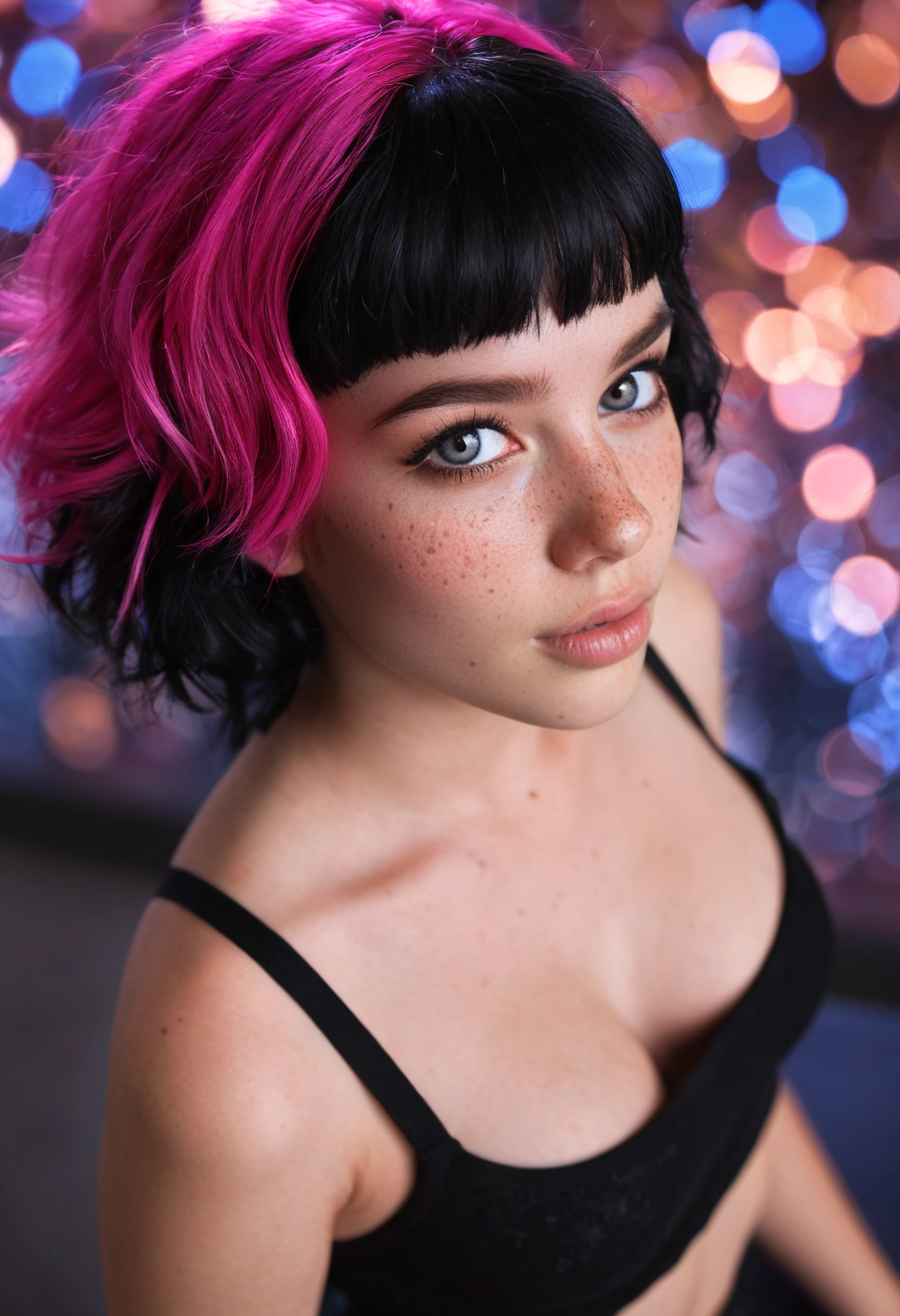 1girl, hot pink hair, freckles, 22yo, gorgeous, cute face, cute girl, short fluffy black hair, detailed face, beautiful woman's face, crop top,   looking at viewer, ultra realistic, hyper realistic, bokeh background, from above, dynamic composition, engaging narrative, high-quality details, evocative mood, immersive scene, realistic textures, captivating atmosphere, cleavage,
