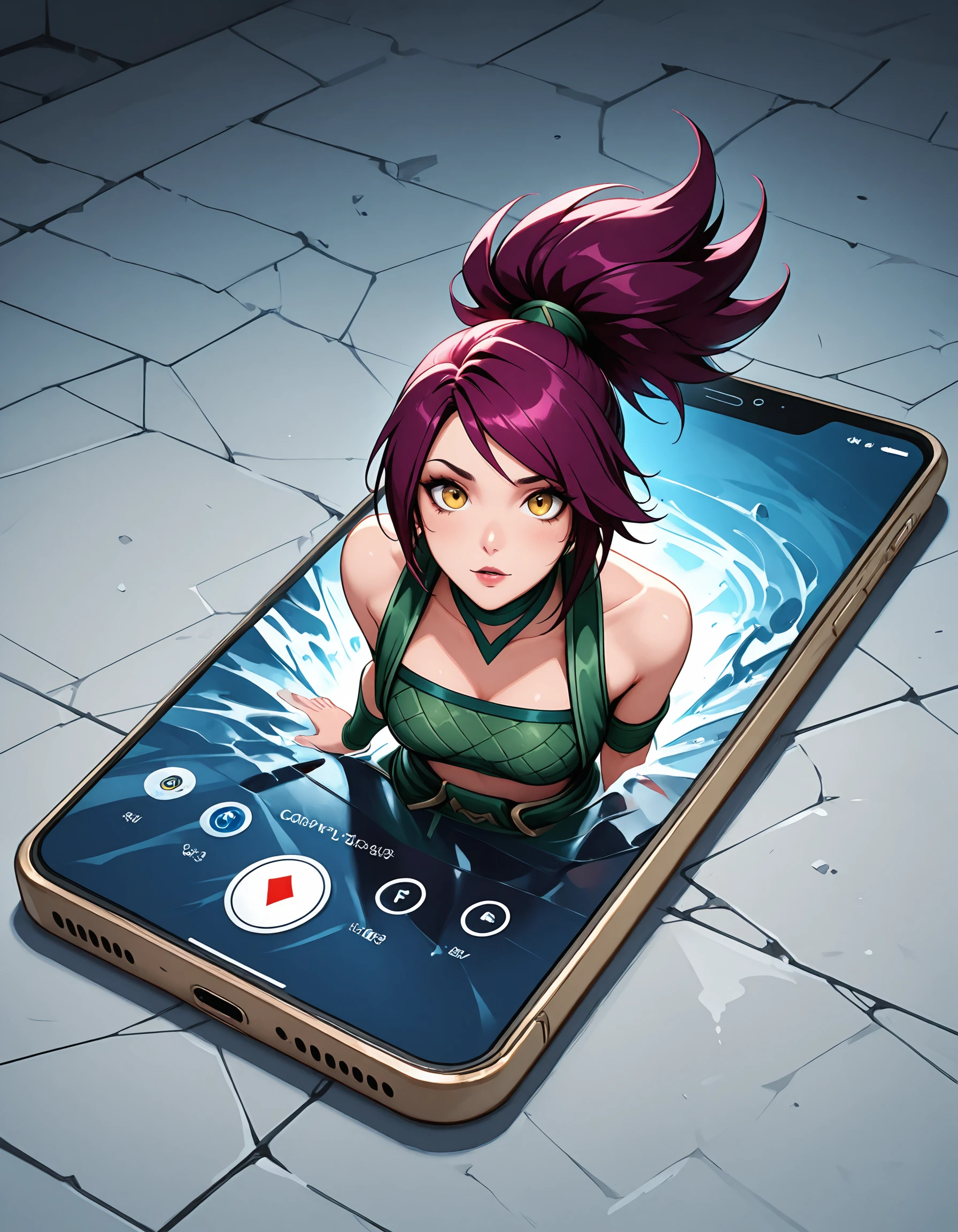 smartphone, <lora:Phone_PH12X_Illustrious_r1:.95> PH12X, coming through screen, coming through smartphone,  1girl, Akali from League of Legends, looking at viewer, best quality, high quality, absurdres,